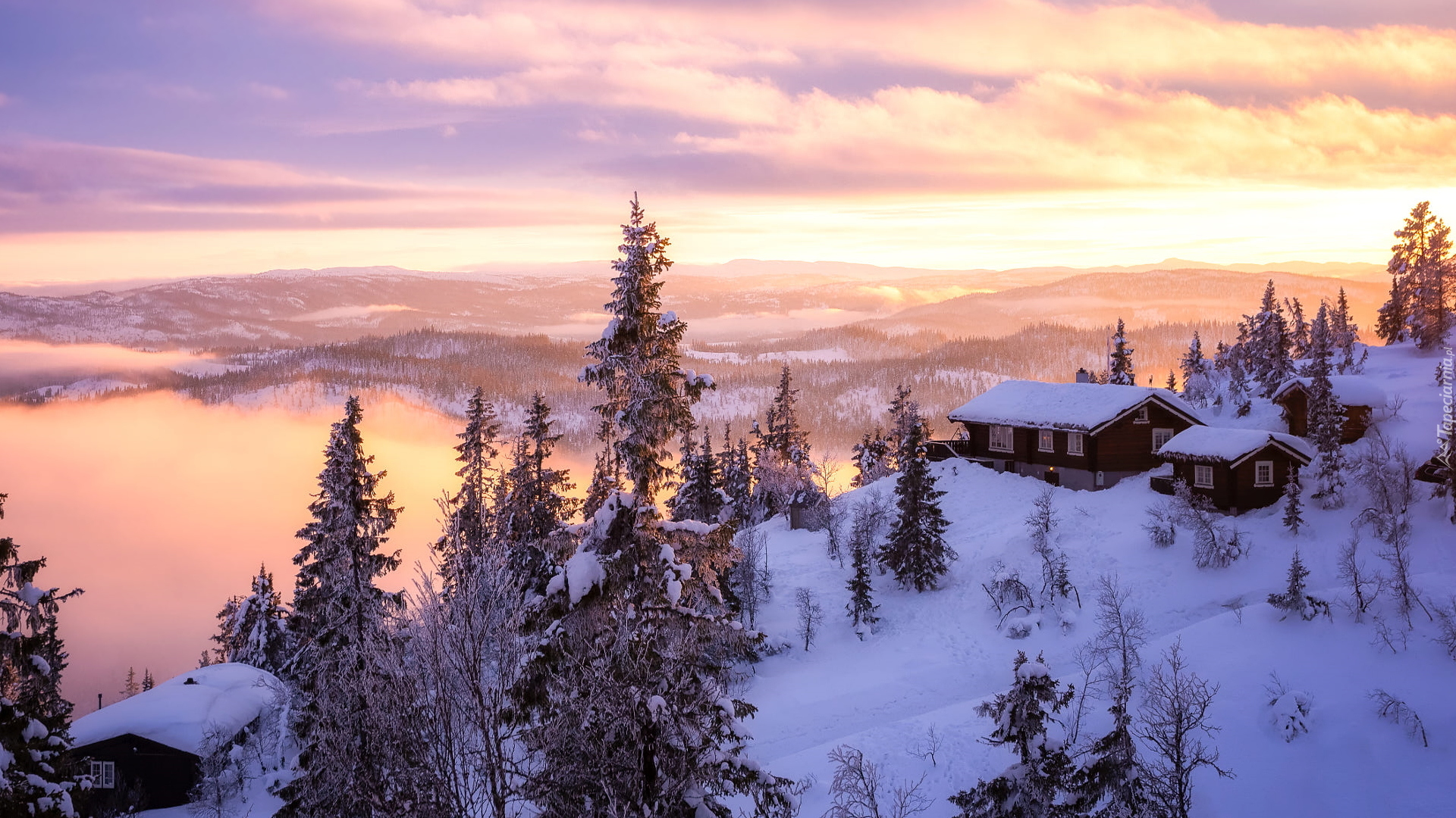 Zachód słońca, Zima, Drzewa, Domy, Valdres, Norwegia