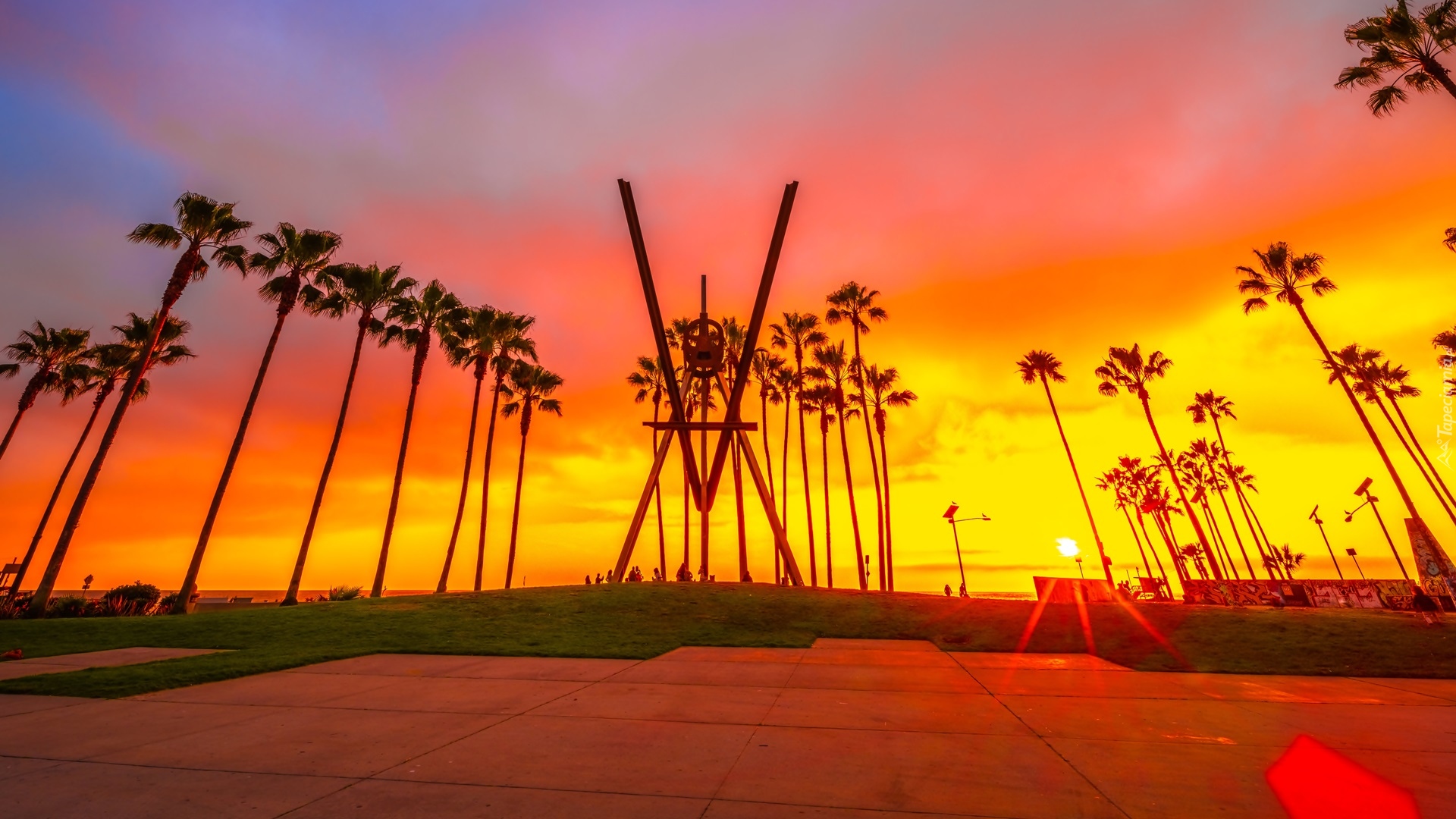 Stany Zjednoczone, Kalifornia, Venice Beach V Sculpture, Morze, Palmy, Zachód słońca