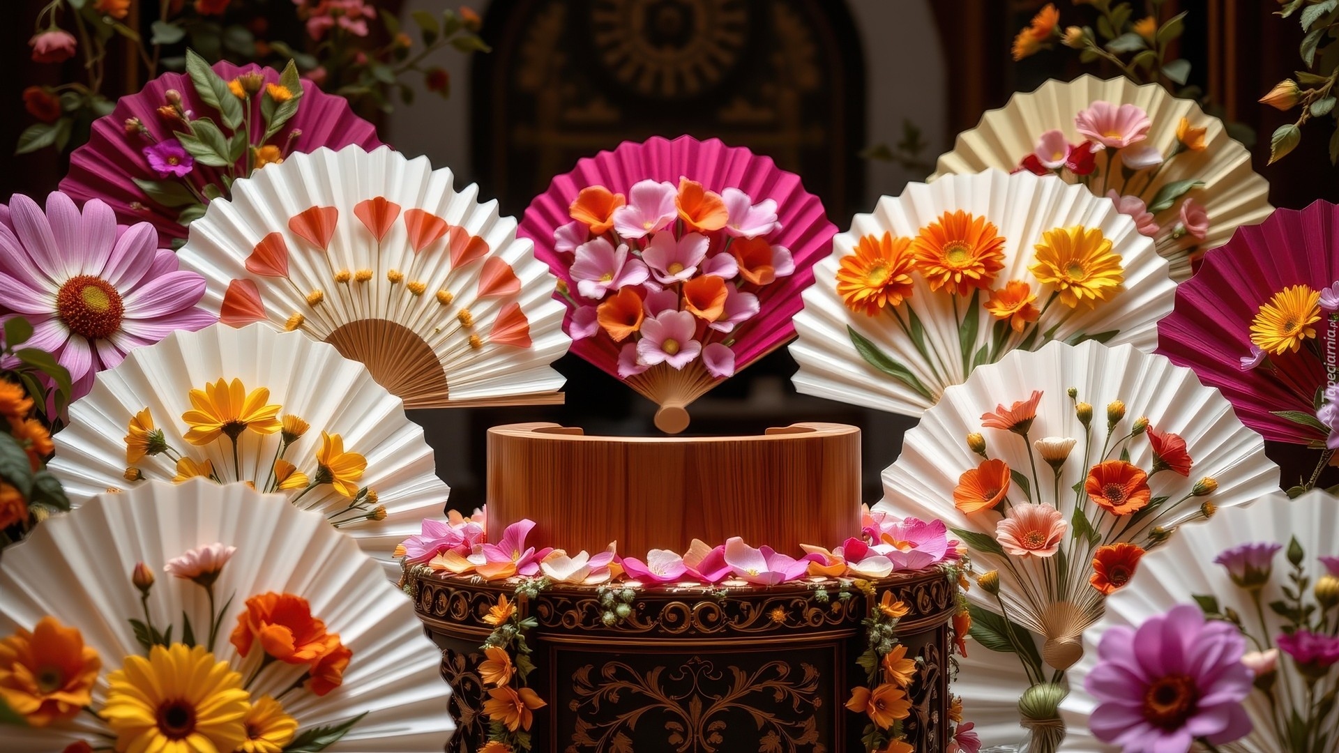 Ozdobne, Podium, Wachlarze, Kolorowe, Kwiaty