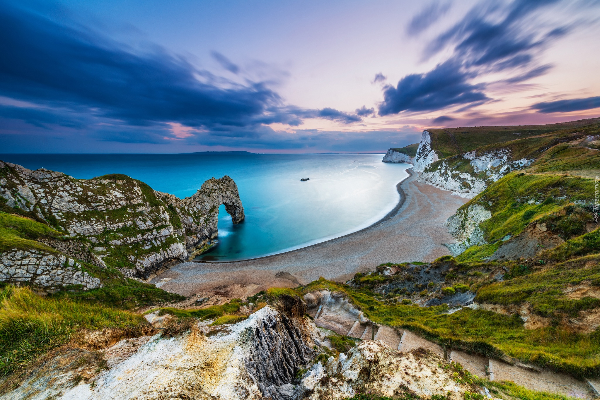 Anglia, Morze, Wybrzeże Jurajskie, Skały, Plaża, Łuk wapienny, Durdle Door, Brzeg, Wschód słońca