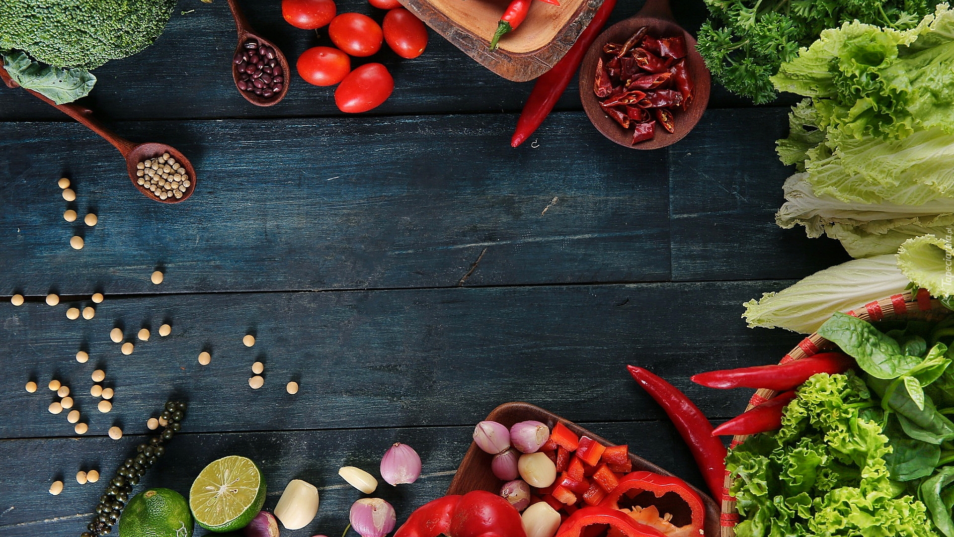 Warzywa, Sałata, Pomidory, Papryka, Czosnek, Ziarna, Pieprzu, Limonka, Deski