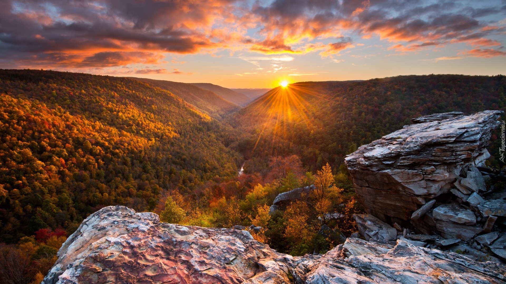 Góry, Lasy, Wąwóz, Blackwater Canyon, Drzewa, Jesień, Skały, Chmury, Promienie słońca, Wirginia Zachodnia, Stany Zjednoczone