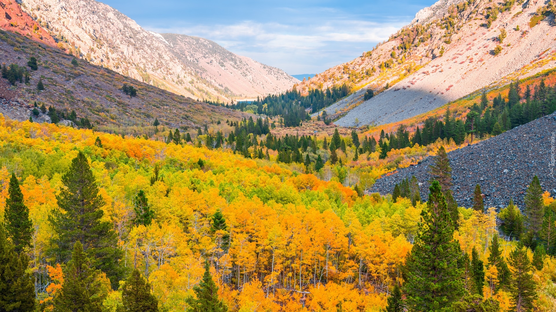 Góry, Drzewa, Lasy, Jesień, Wąwóz, Lundy Canyon, Kalifornia, Stany Zjednoczone