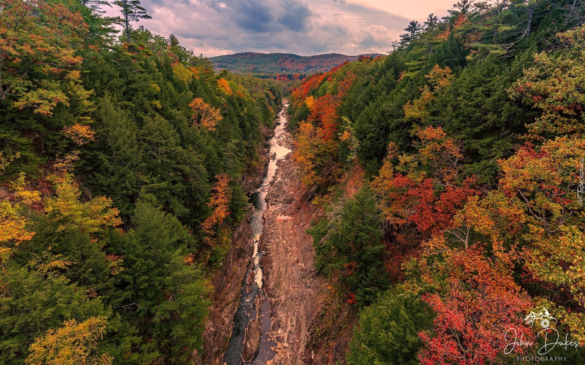 Stany Zjednoczone, Vermont, Hartford, Rzeka, Ottauquechee River, Wąwóz, Jesień, Drzewa