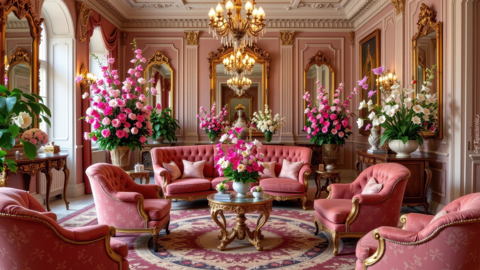 Salon, Sofa, Fotele, Bukiety, Kolorowe, Kwiaty, Stolik, Dywan, Obraz, Lustra