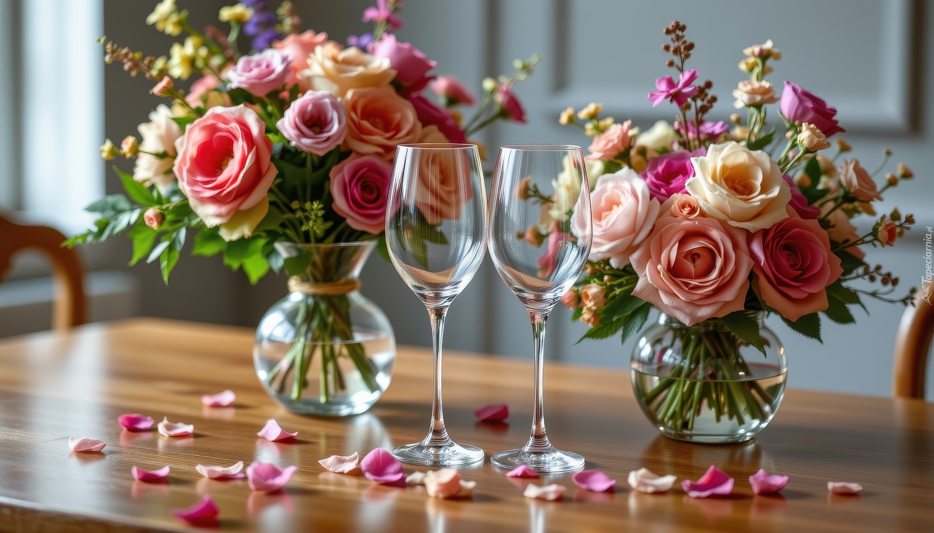 Róże, Bukiety, Dwa, Kieliszki, Grafika AI