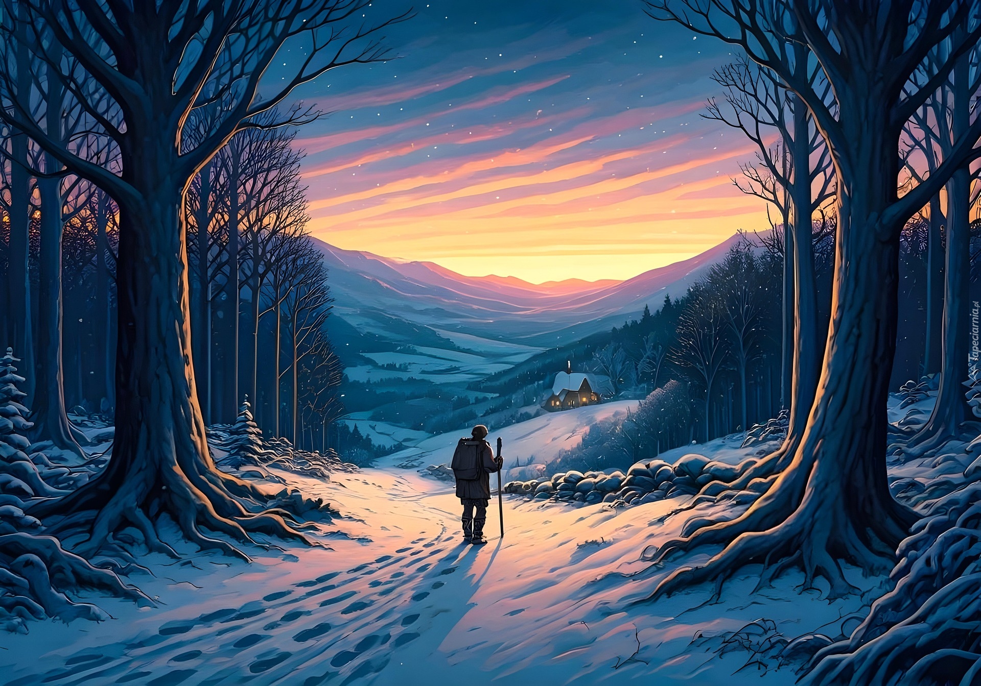 Zima, Droga, Człowiek, Góry, Drzewa