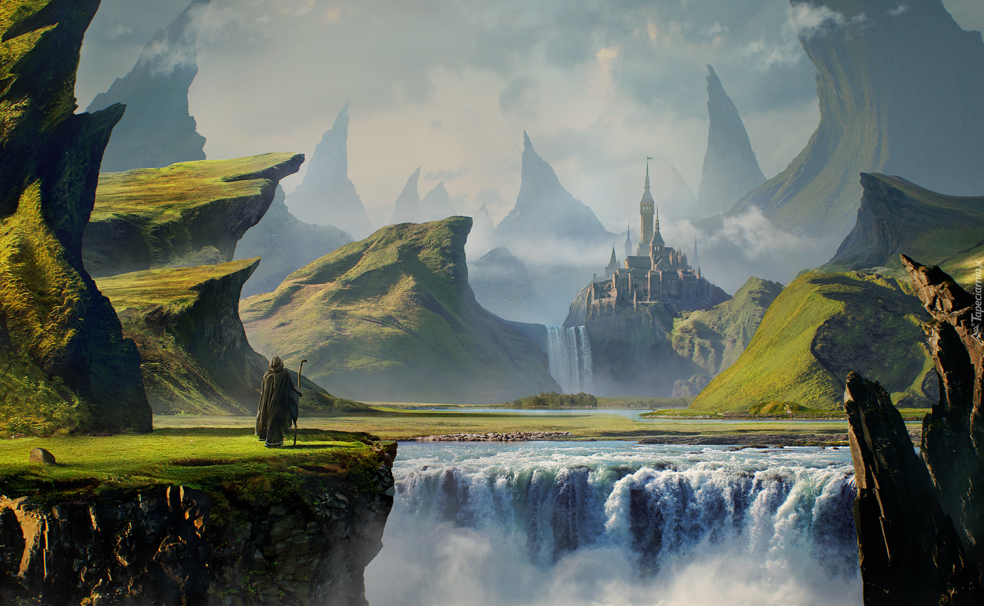Fantasy, Góry, Rzeka, Wodospad, Zamek, Wędrowiec, Skały, Mgła, Niebo, Chmury, Zieleń Wędrowiec na tle zamku na skałach