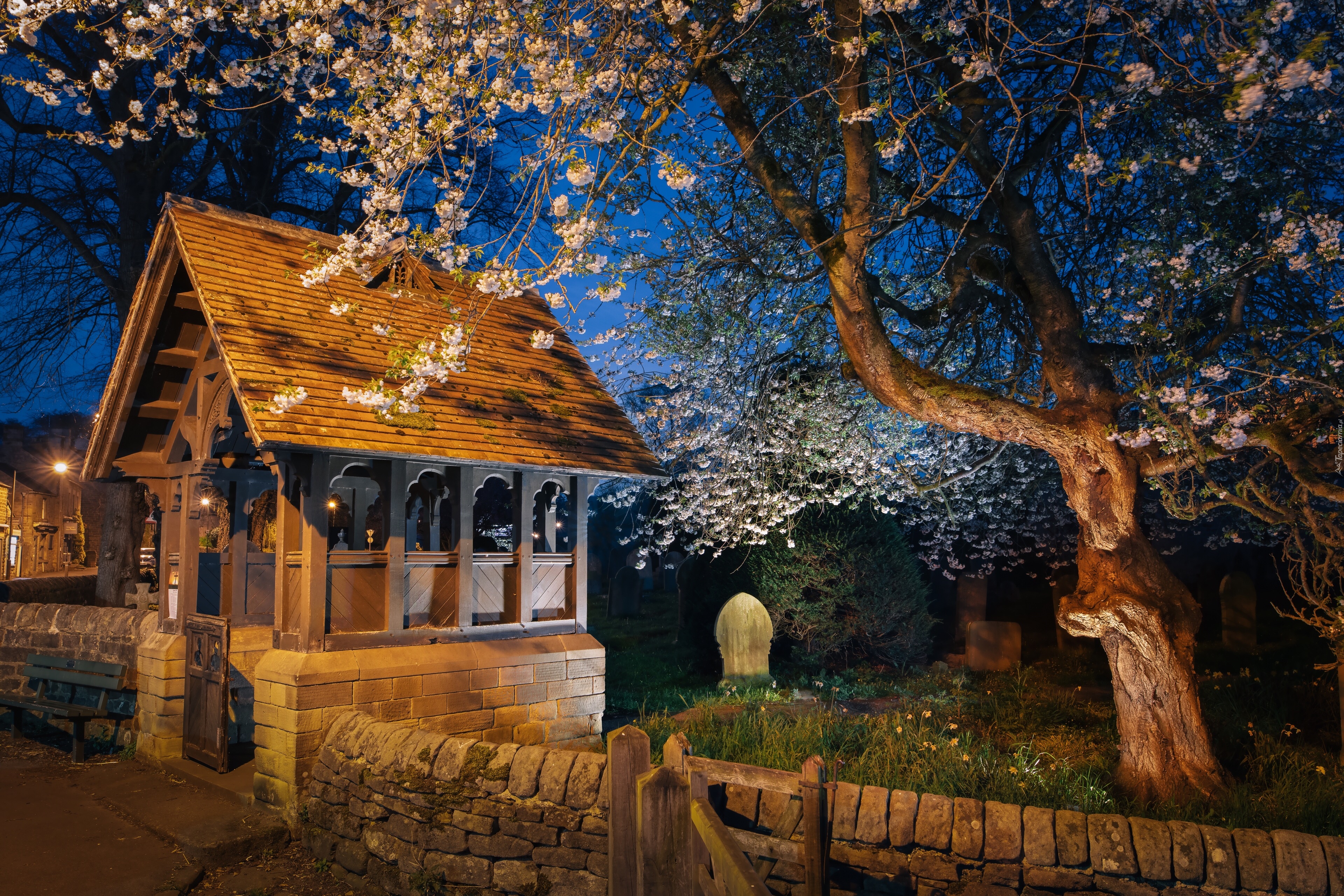 Noc, Wejście, Ogrodzenie, Drzewo, Kwitnące, Drzewo, Cmentarz, Lychgate, Kościół św. Anny, Baslow, Hrabstwo Derbyshire, Anglia