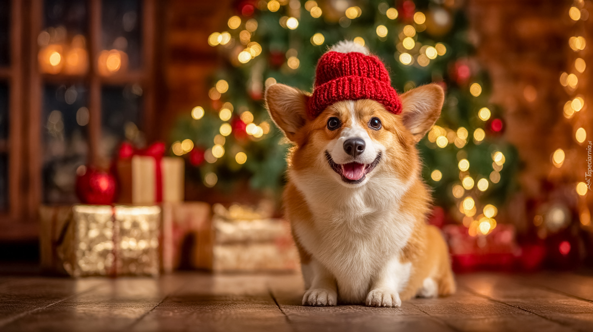 Pies, Welsh corgi pembroke, Czerwona, Czapka, Prezenty, Choinka