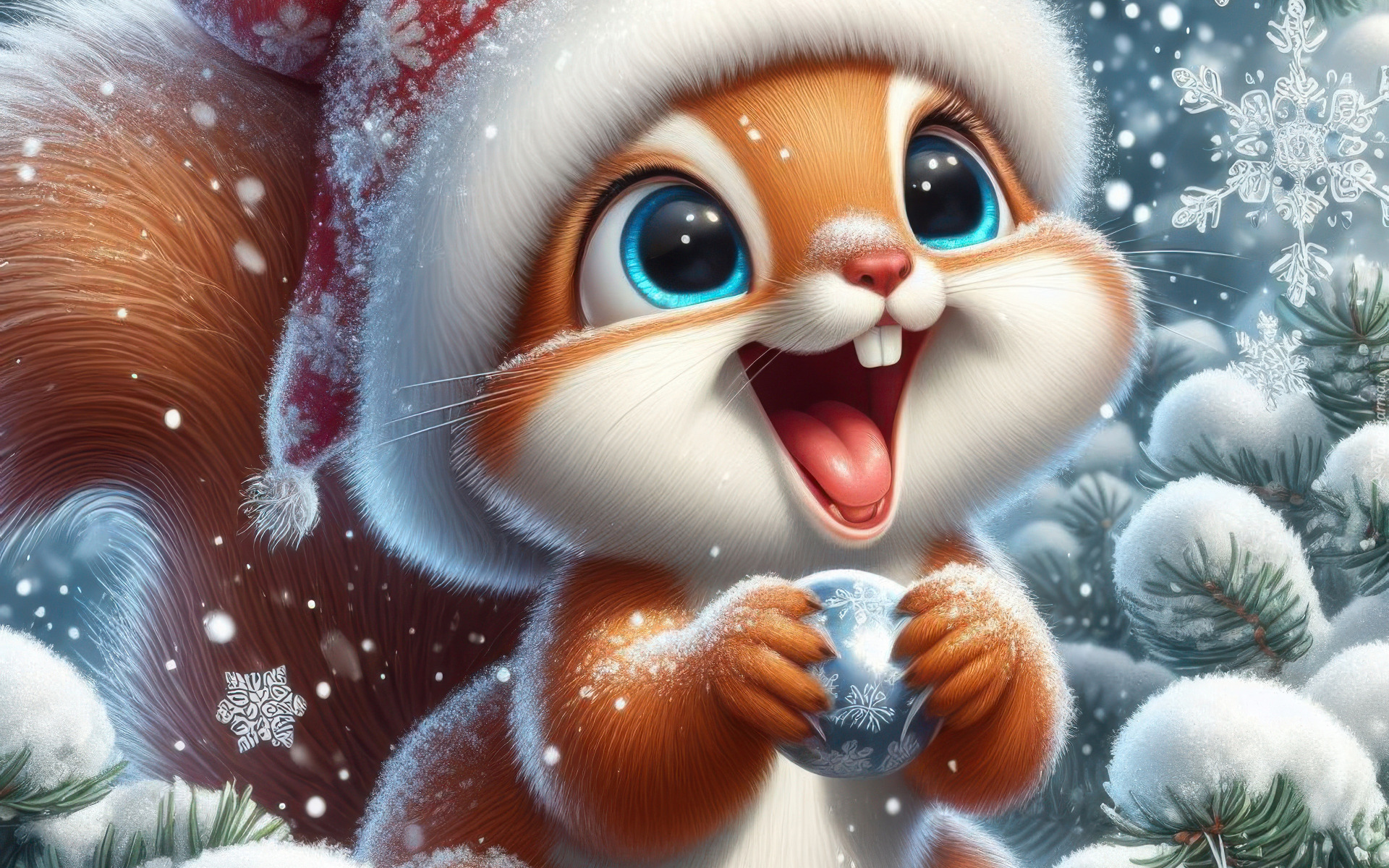 Zima, Śnieg, Wiewiórka, Czapka, Uśmiech, Bombka, Gałązki, Świerkowe, AI