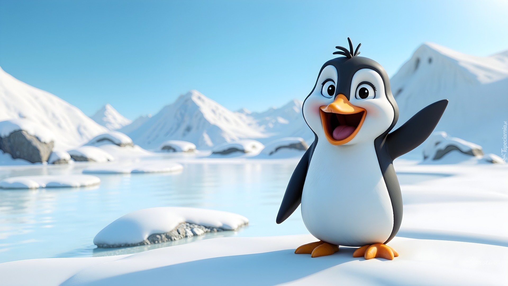 Pingwin, Wesoły, Góry, Ośnieżone, Zima, AI