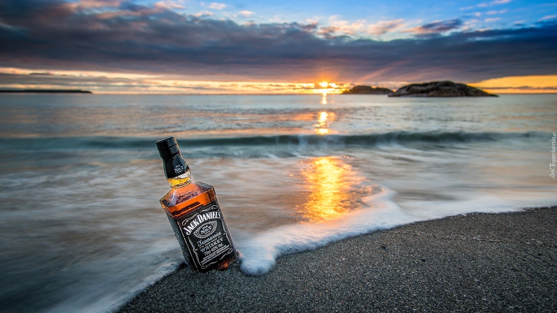 Whisky, Jack Daniels, Morze, Piasek, Zachód słońca