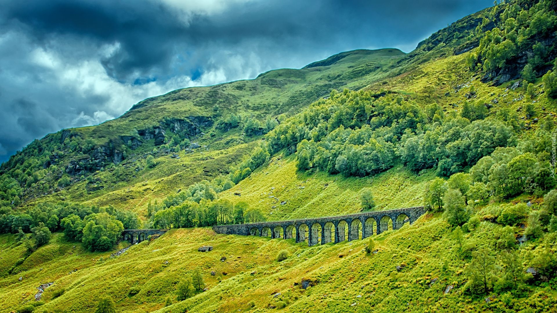 Most, Wiadukt, Glen Ogle Viaduct, Góry, Drzewa, Trawa, Szkocja