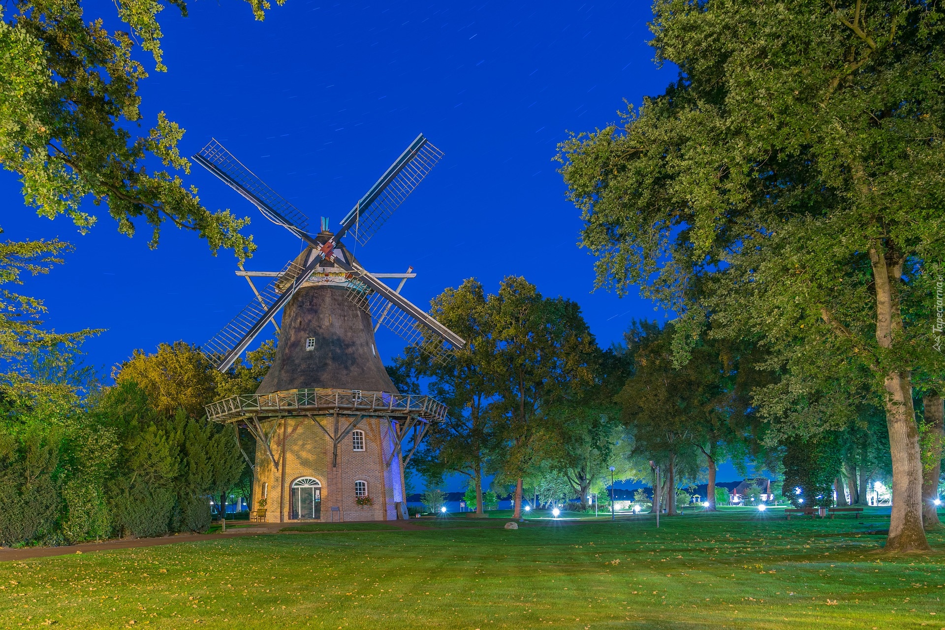 Wiatrak, Querensted Mill, Drzewa, Bad Zwischenahn, Dolna Saksonia, Niemcy