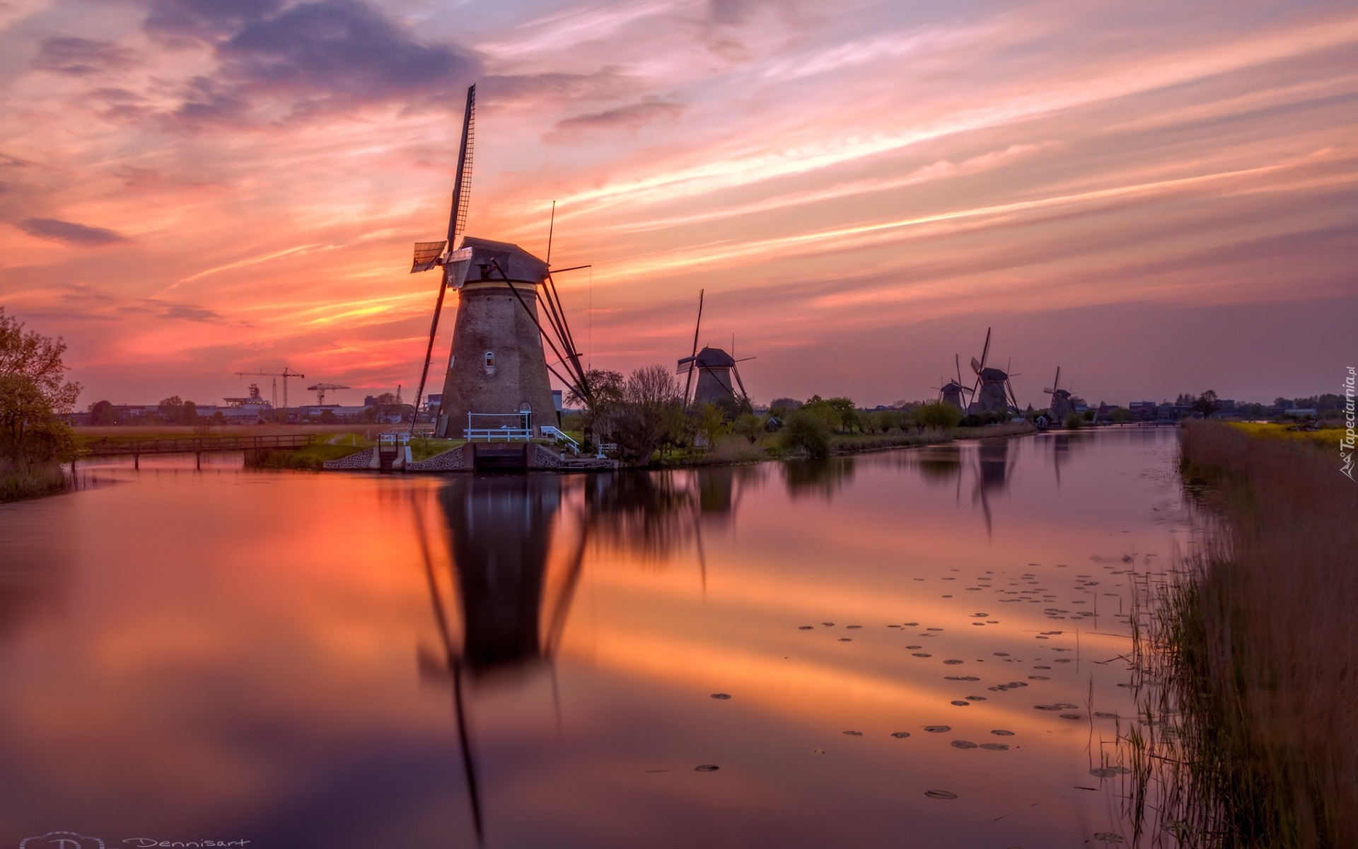 Holandia, Zachód słońca, Wiatraki, Rzeka