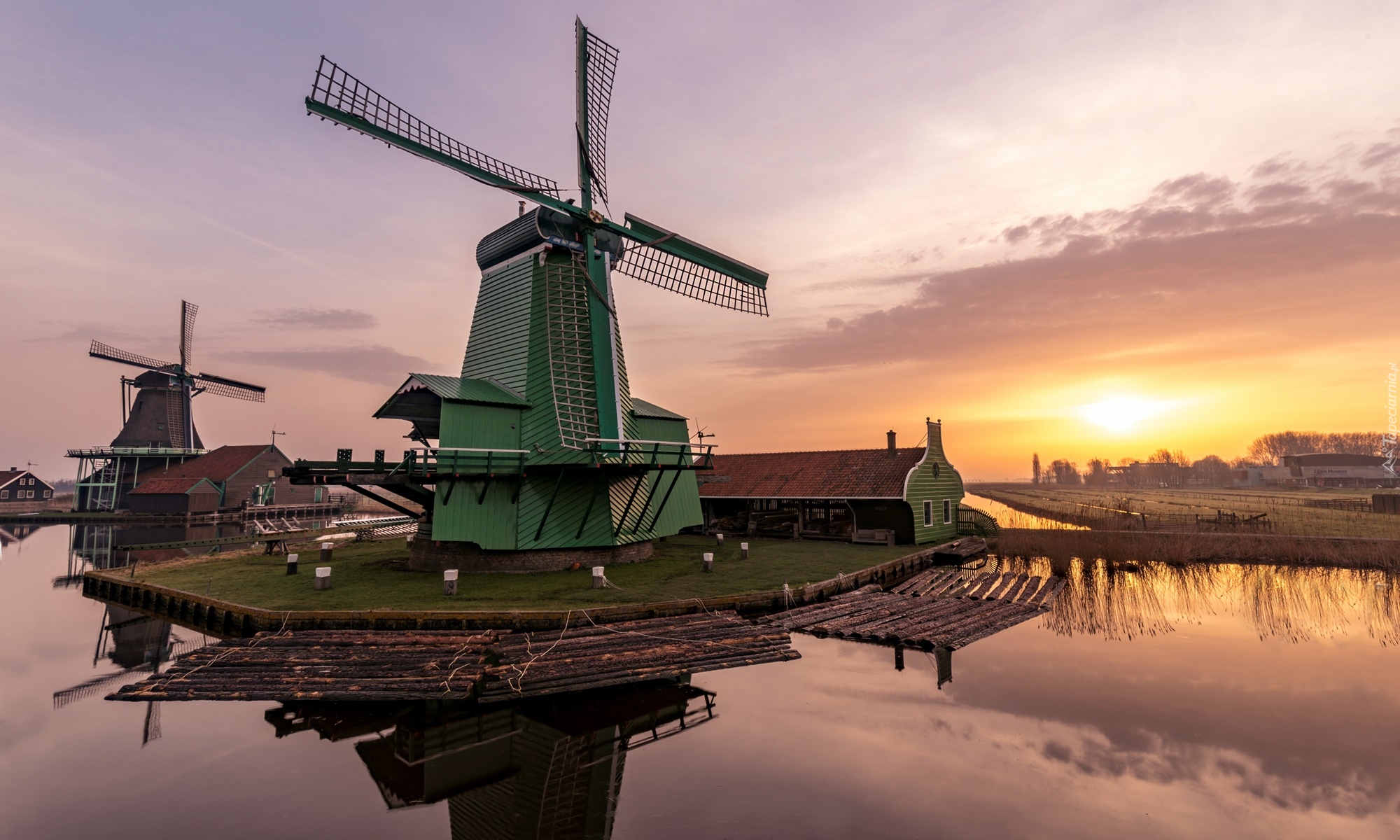 Wiatraki, Wschód słońca, Świt, Skansen, Zaanse Schans, Zaandam, Holandia