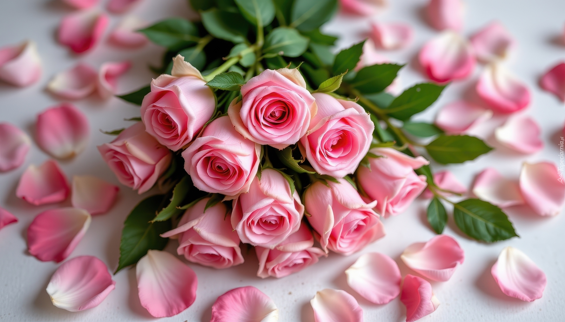 Wiązanka, Różowe, Róże, Płatki