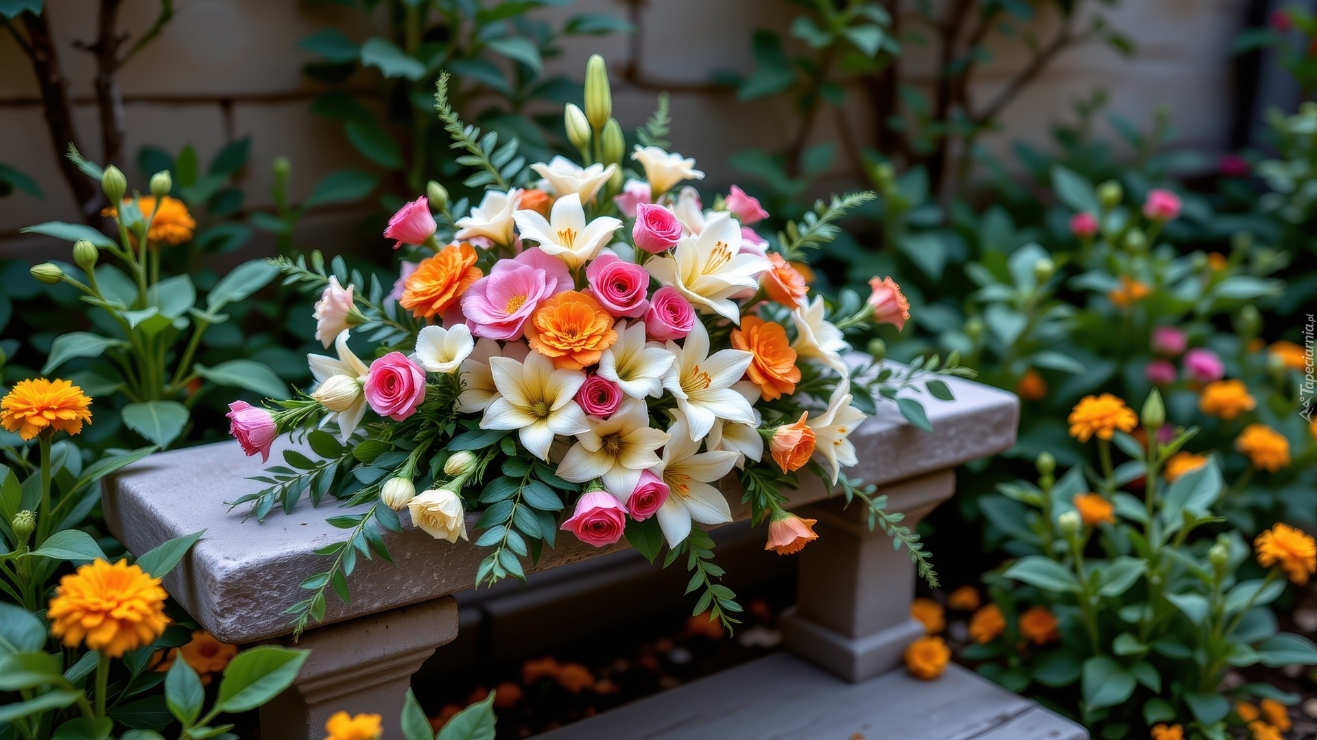 Kolorowe, Kwiaty, Białe, Lilie, Róże, Betonowa, Ławka, Bukiet