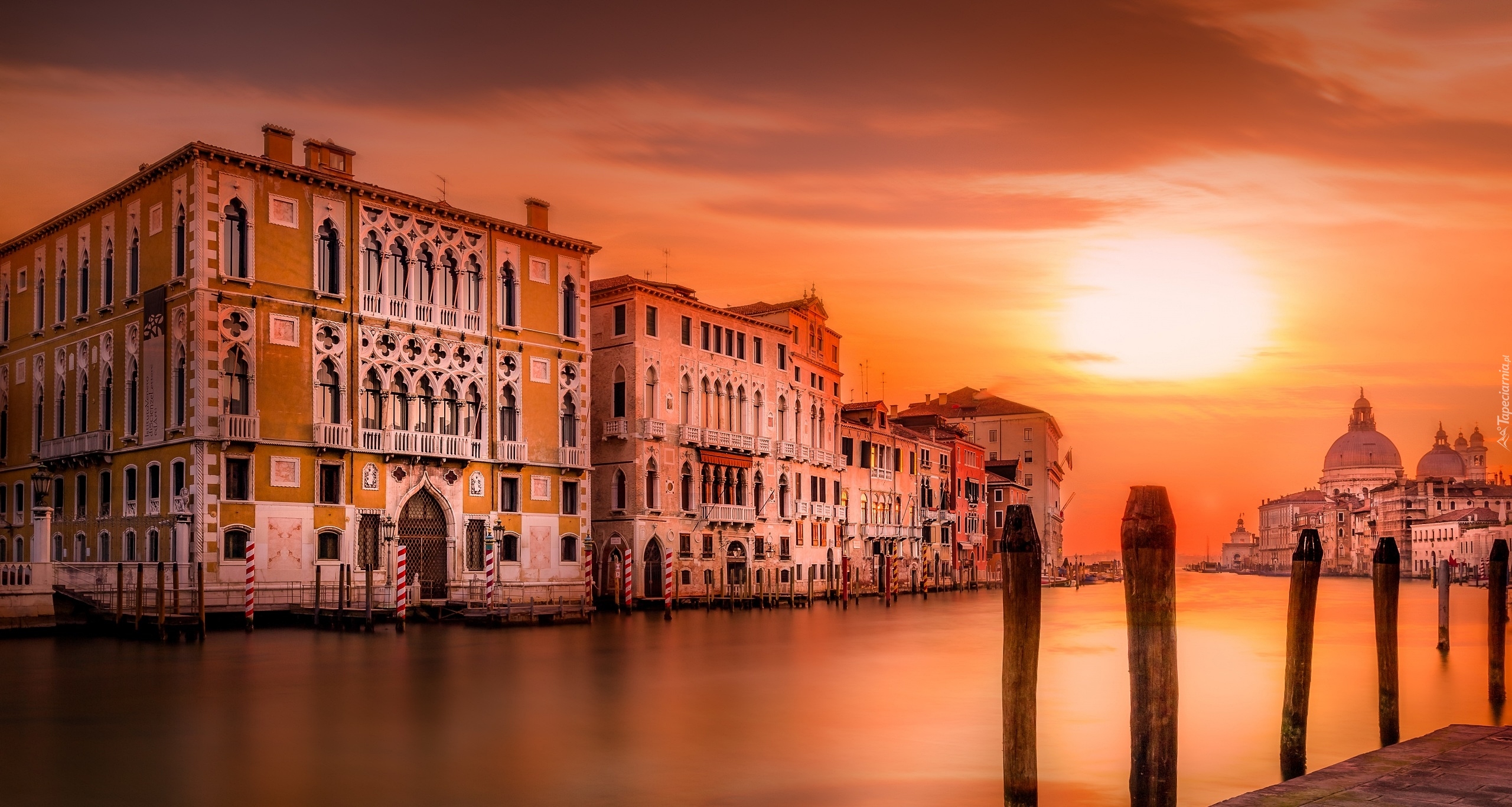 Włochy, Wenecja, Canal Grande, Domy, Wschód słońca