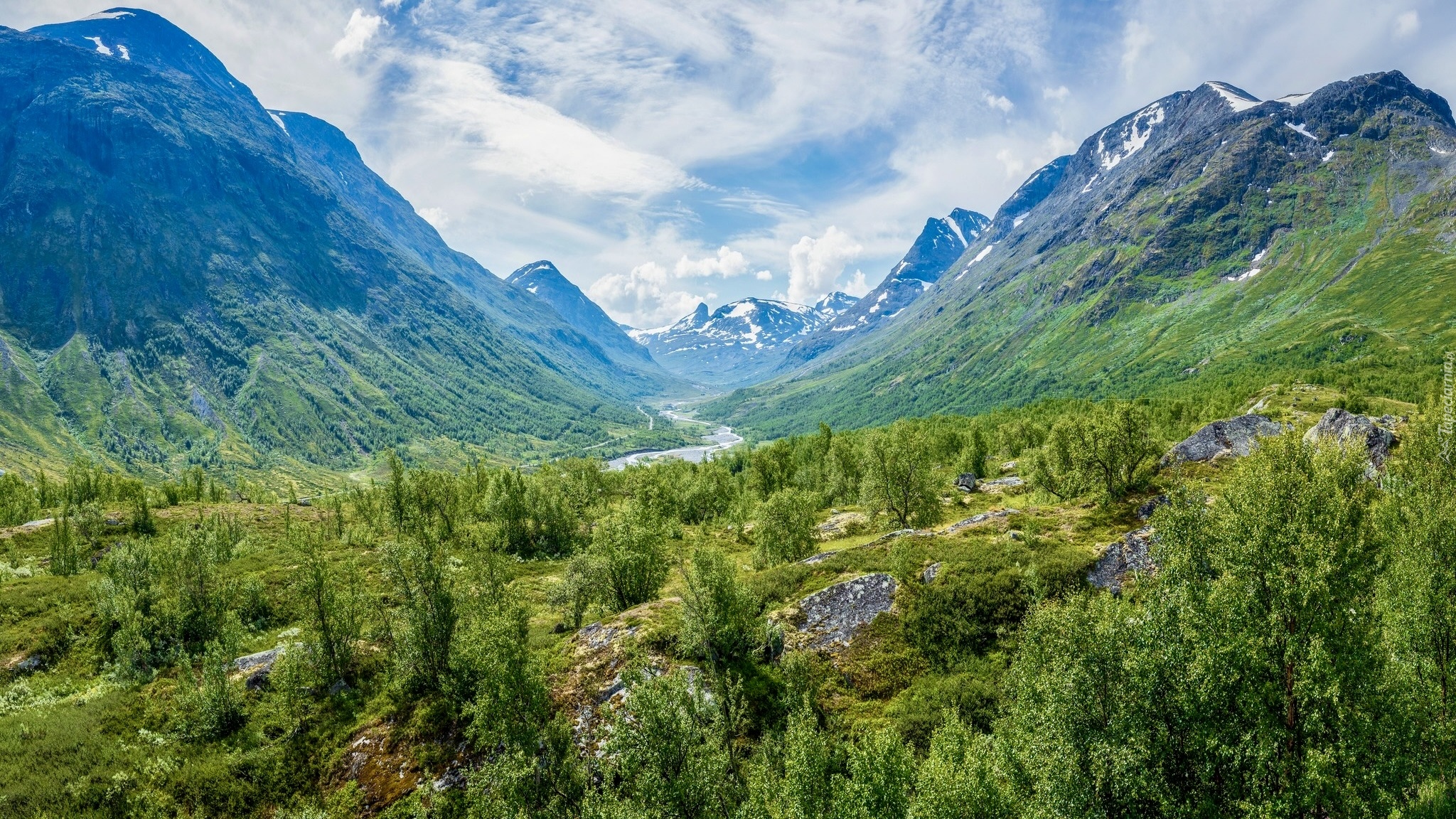 Góry, Roślinność, Rzeka, Skały, Dolina Leirdalen, Norwegia