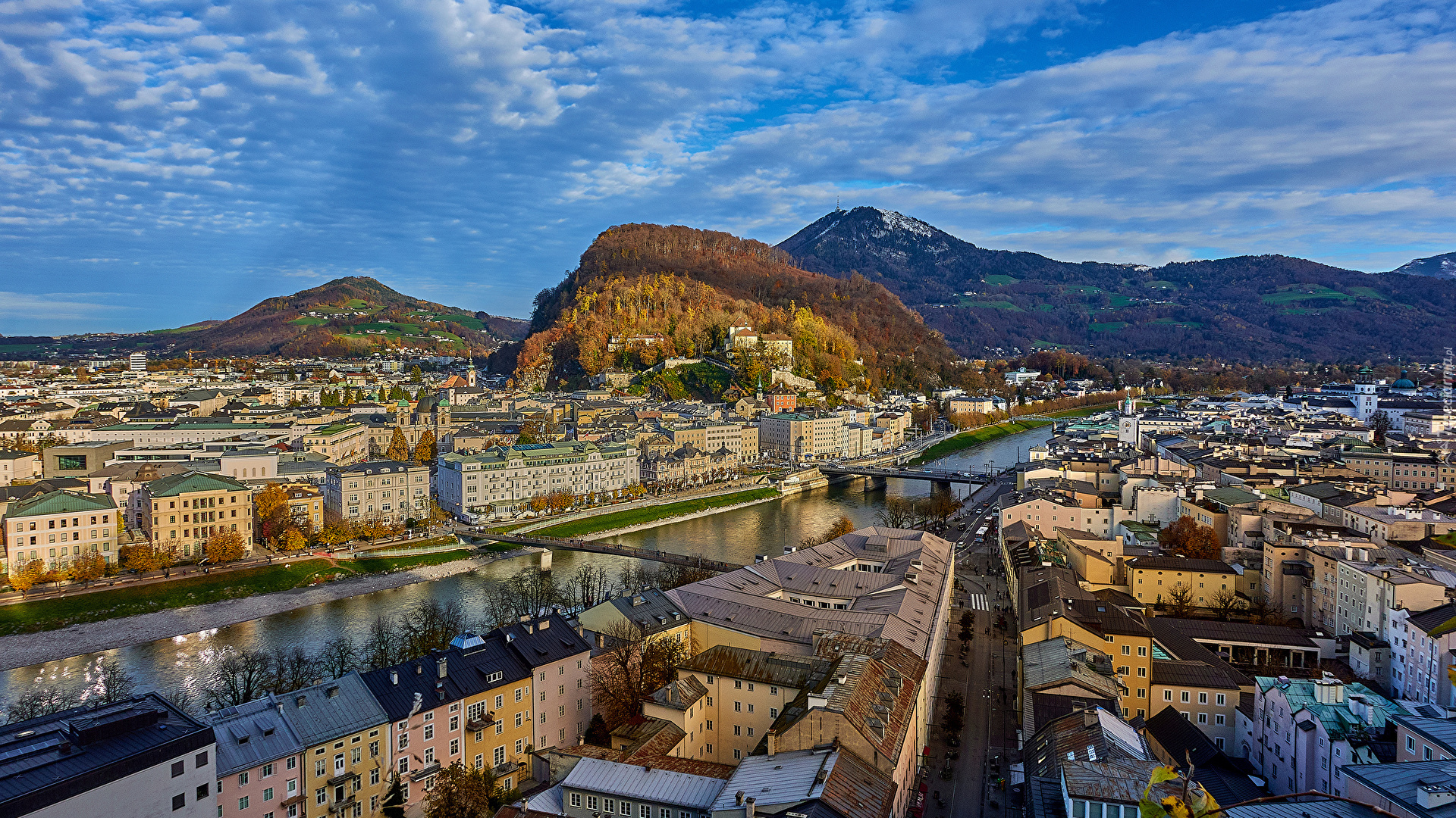 Austria, Góry, Salzburg, Rzeka Salzach, Domy