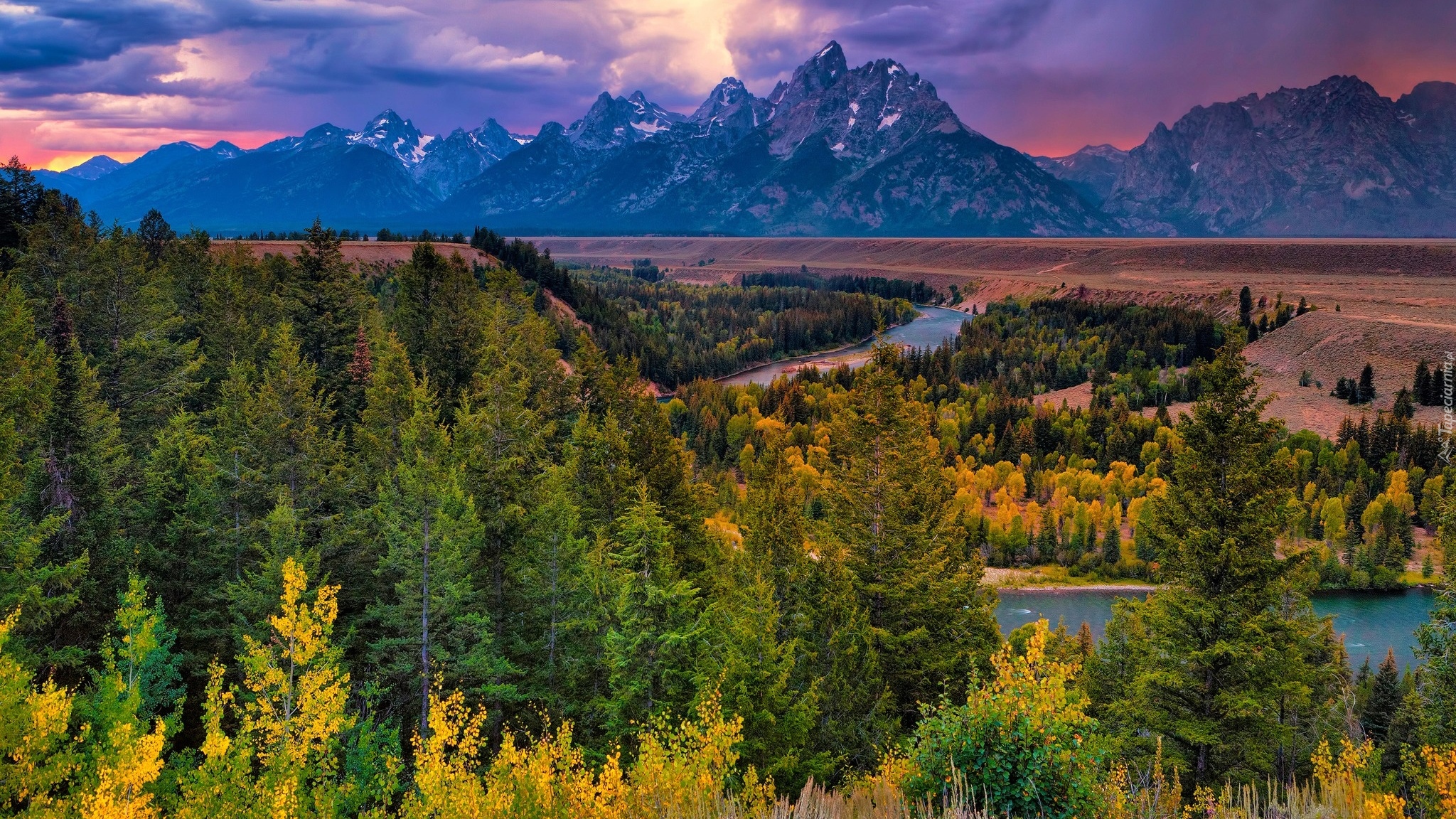 Stany Zjednoczone, Wyoming, Park Narodowy Grand Teton, Góry, Teton Range, Rzeka, Drzewa, Jesień