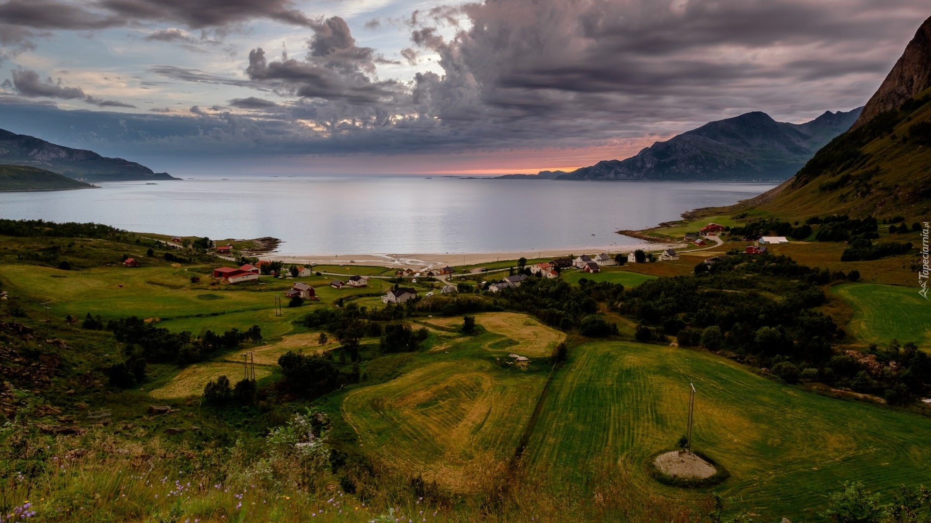 Norwegia, Wioska Grøtfjord, Pola, Drzewa, Fiord, Góry