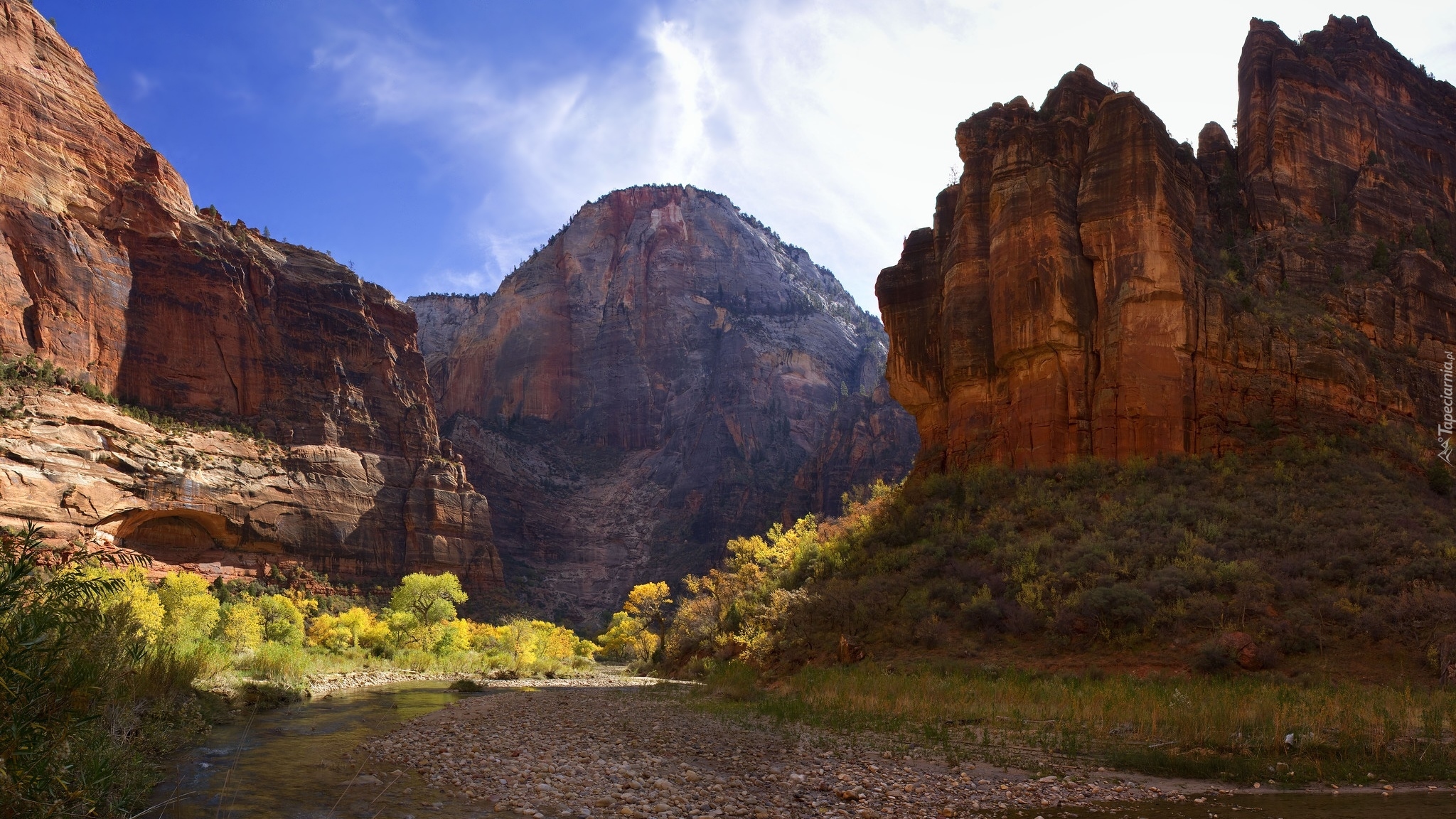 Góry, Góra, Cable Mountain, Skały, Rzeka, Virgin River, Drzewa, Park Narodowy Zion, Utah, Stany Zjednoczone