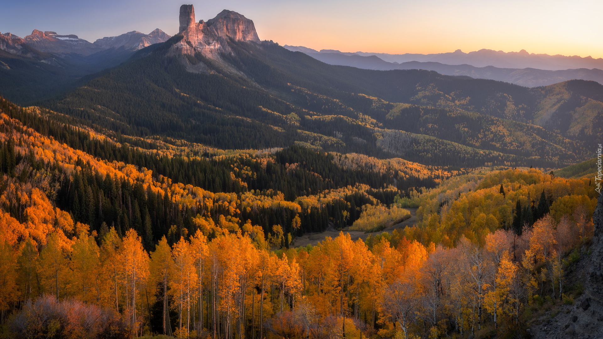Jesień Las, Drzewa, Topole osikowe, Góry, Góra, Chimney Mountain, Owl Creek Pass, Kolorado, Stany Zjednoczone