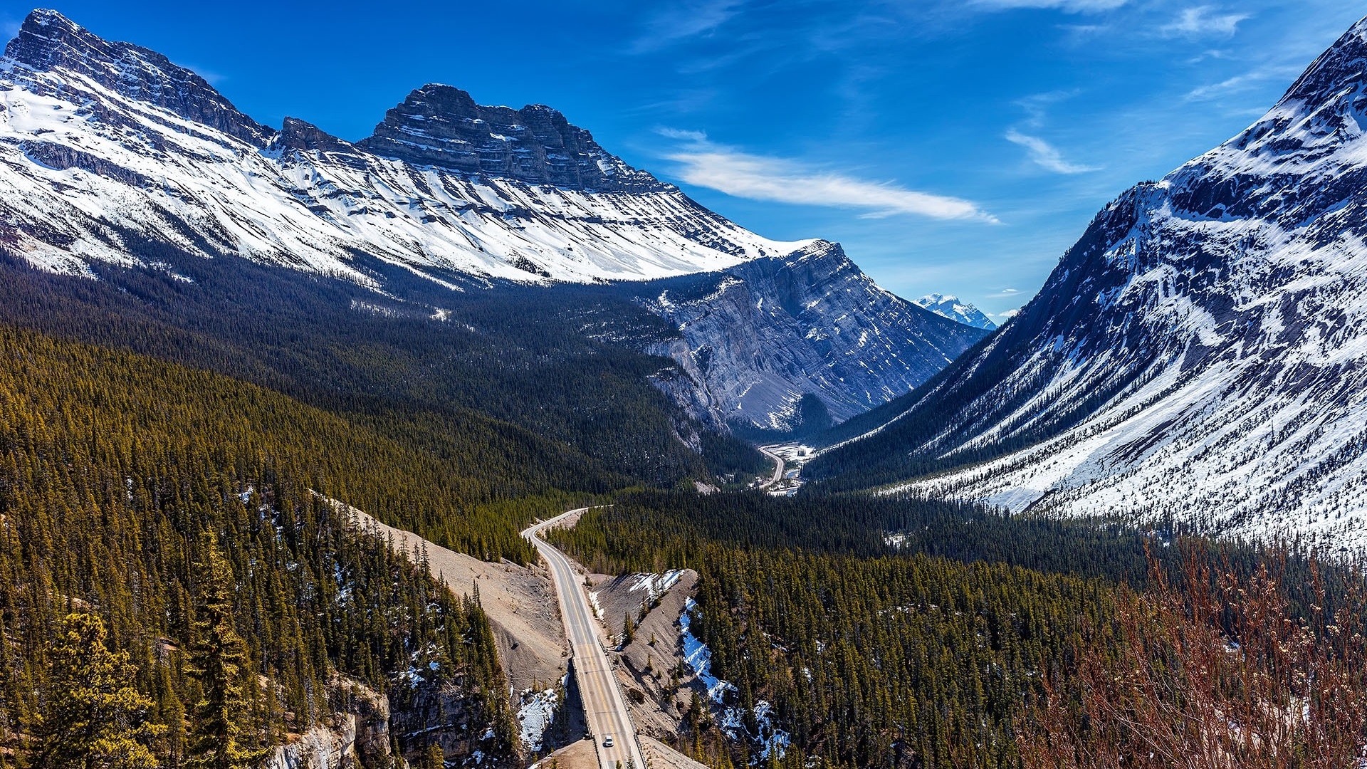 Ośnieżone, Góry, Canadian Rockies, Góra, Cirrus Mountain, Las, Droga, Park Narodowy Banff, Kanada