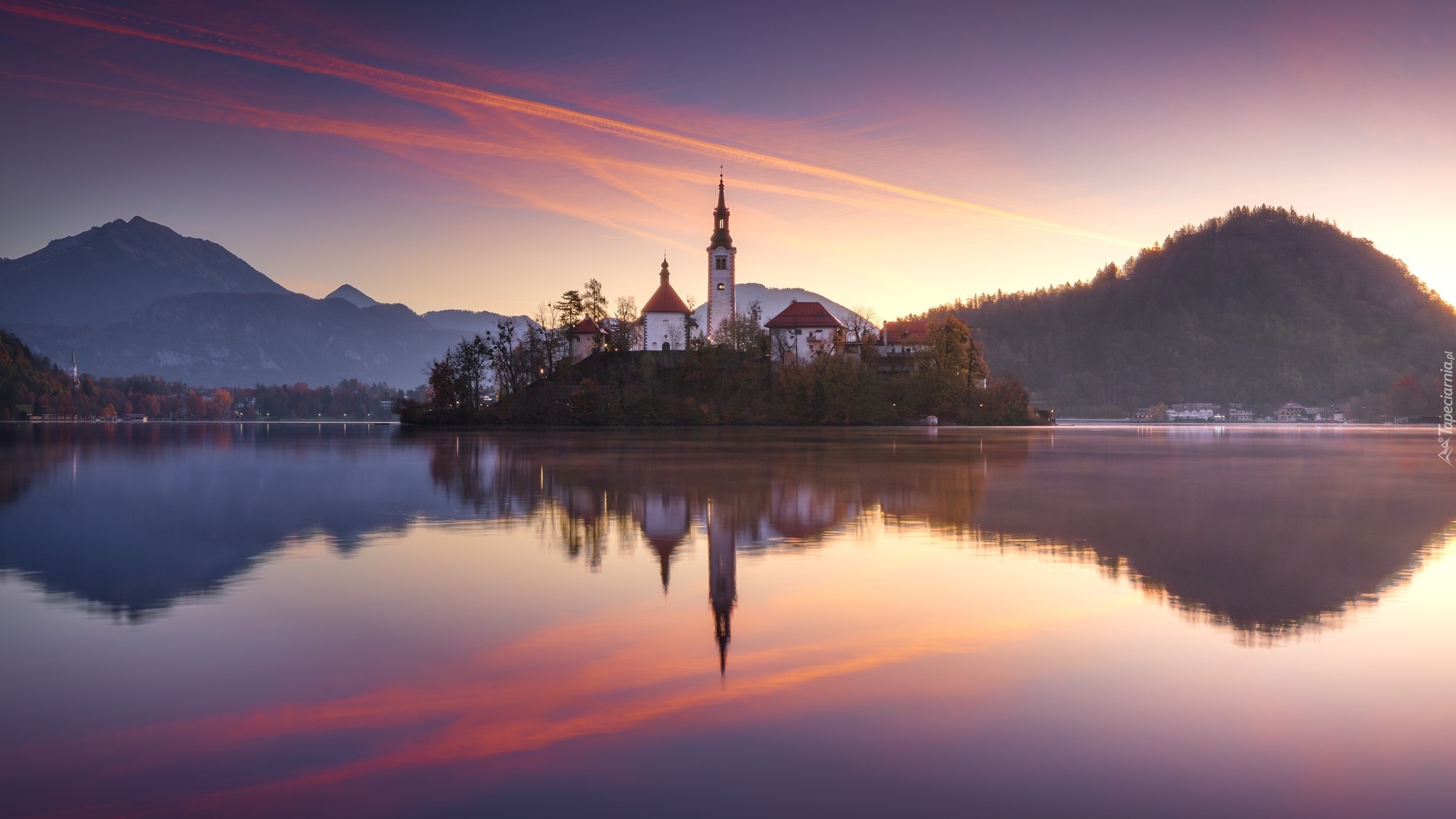 Słowenia, Wyspa Bled, Jezioro Bled, Góry, Kościół, Odbicie