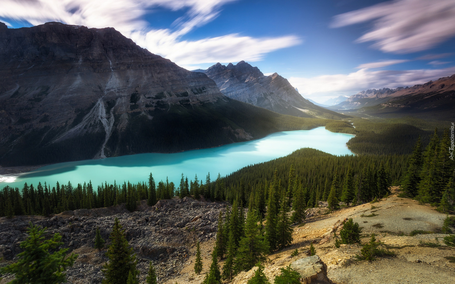 Park Narodowy Banff, Jezioro, Peyto Lake, Góry, Lasy, Chmury, Prowincja Alberta, Kanada