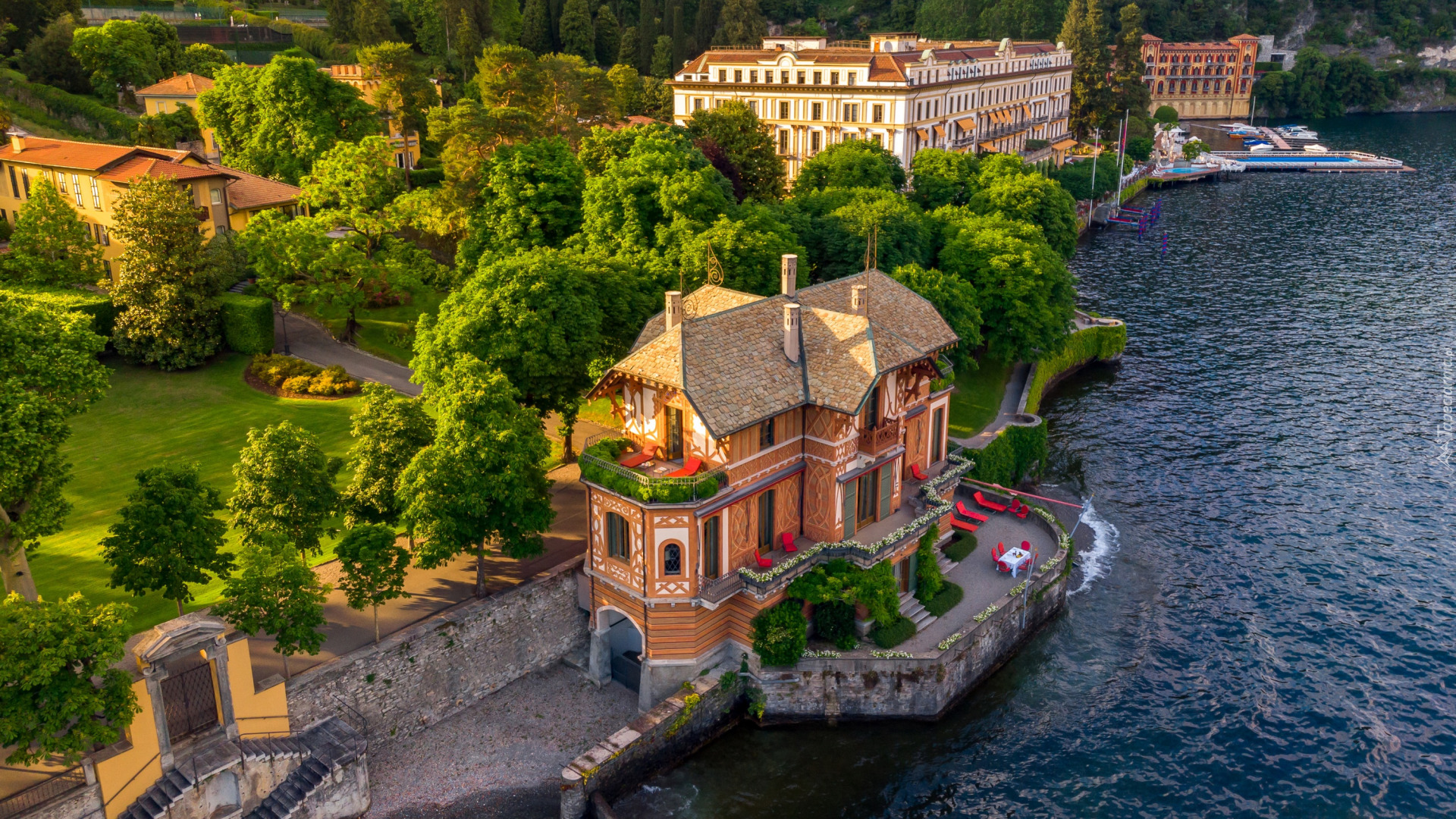 Drzewa, Jezioro Como, Domy, Hotel, Villa Cima, Włochy