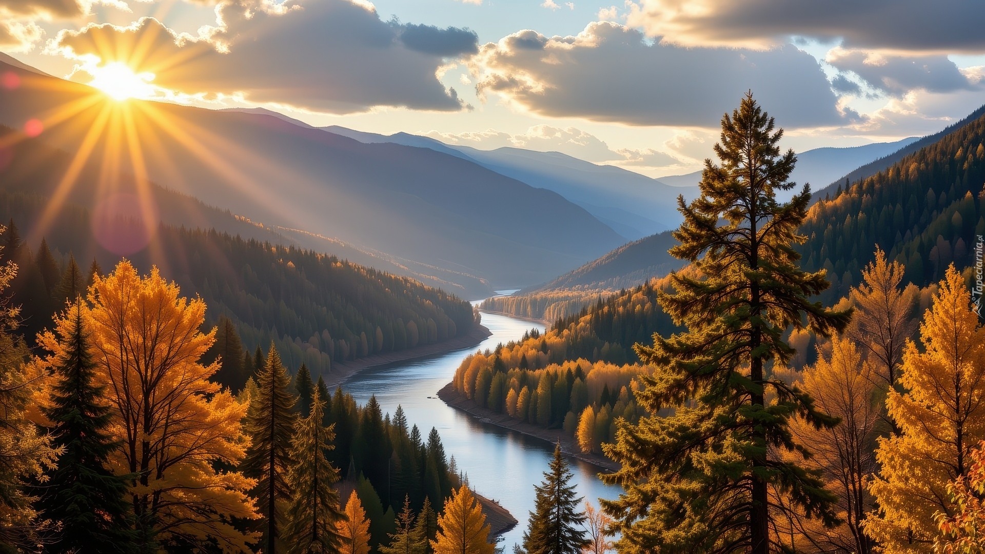 Jesień, Zalesione, Góry, Rzeka, Promienie słońca, Żółte, Drzewa