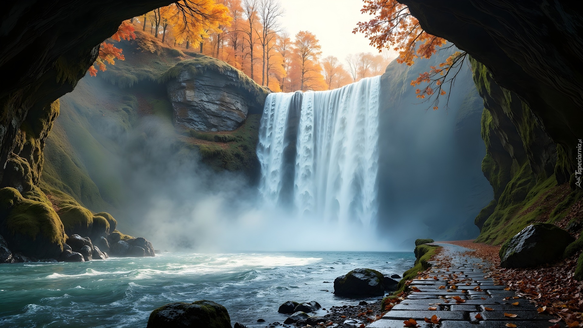 Jesień, Wodospad, Rzeka, Skały, Drzewa