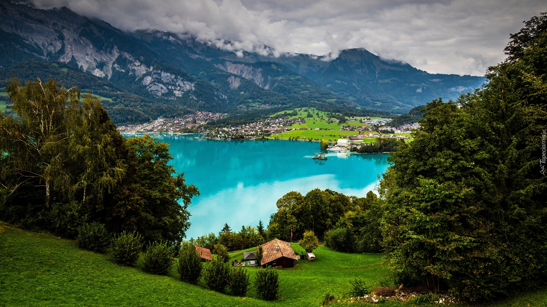 Szwajcaria, Kanton Berno, Brienz, Góry, Alpy Berneńskie, Jezioro Brienzersee, Domy, Las, Drzewa, Chmury