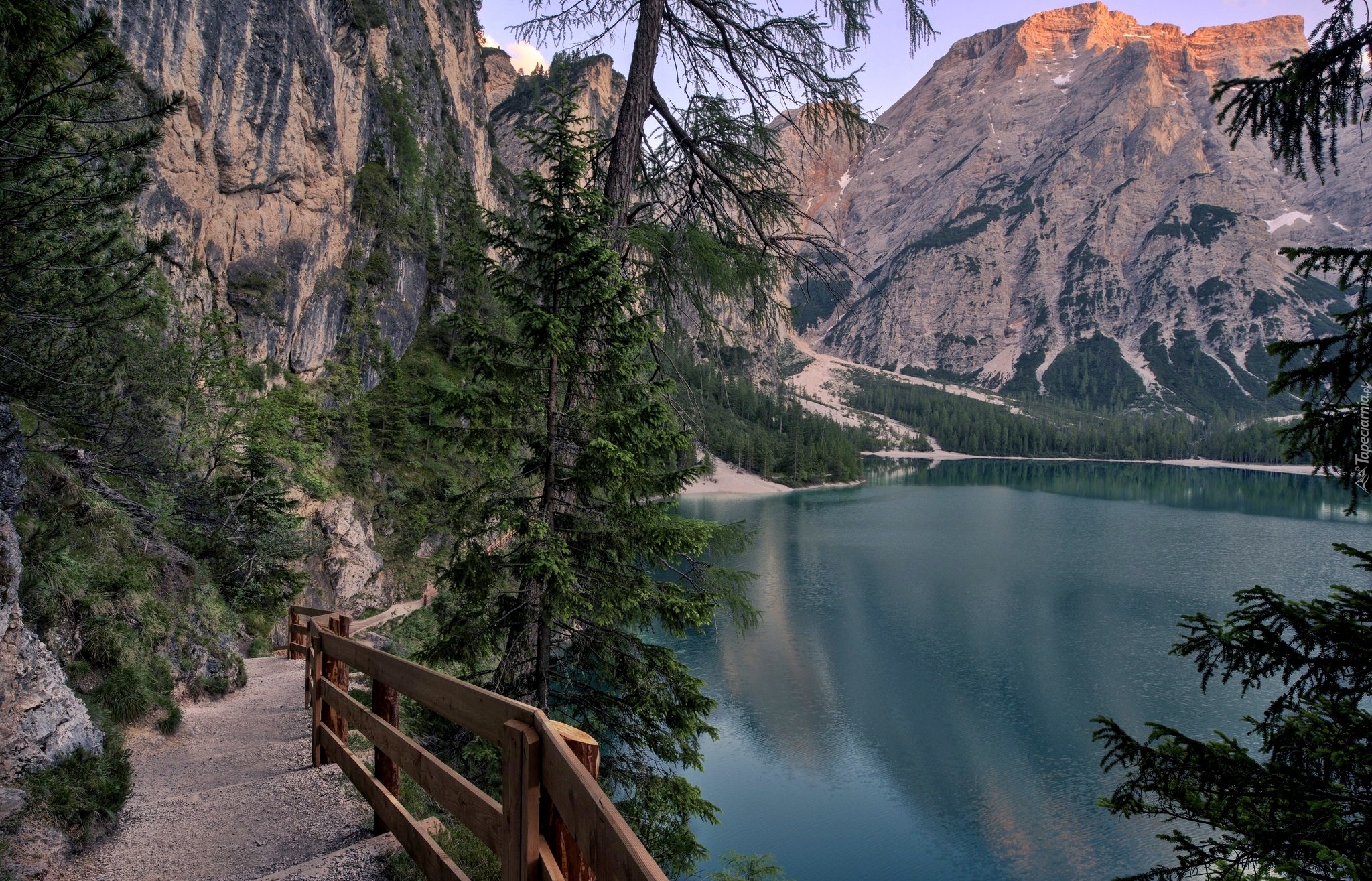 Włochy, Góry, Jezioro Pragser Wildsee, Dróżka, Barierka, Świerki