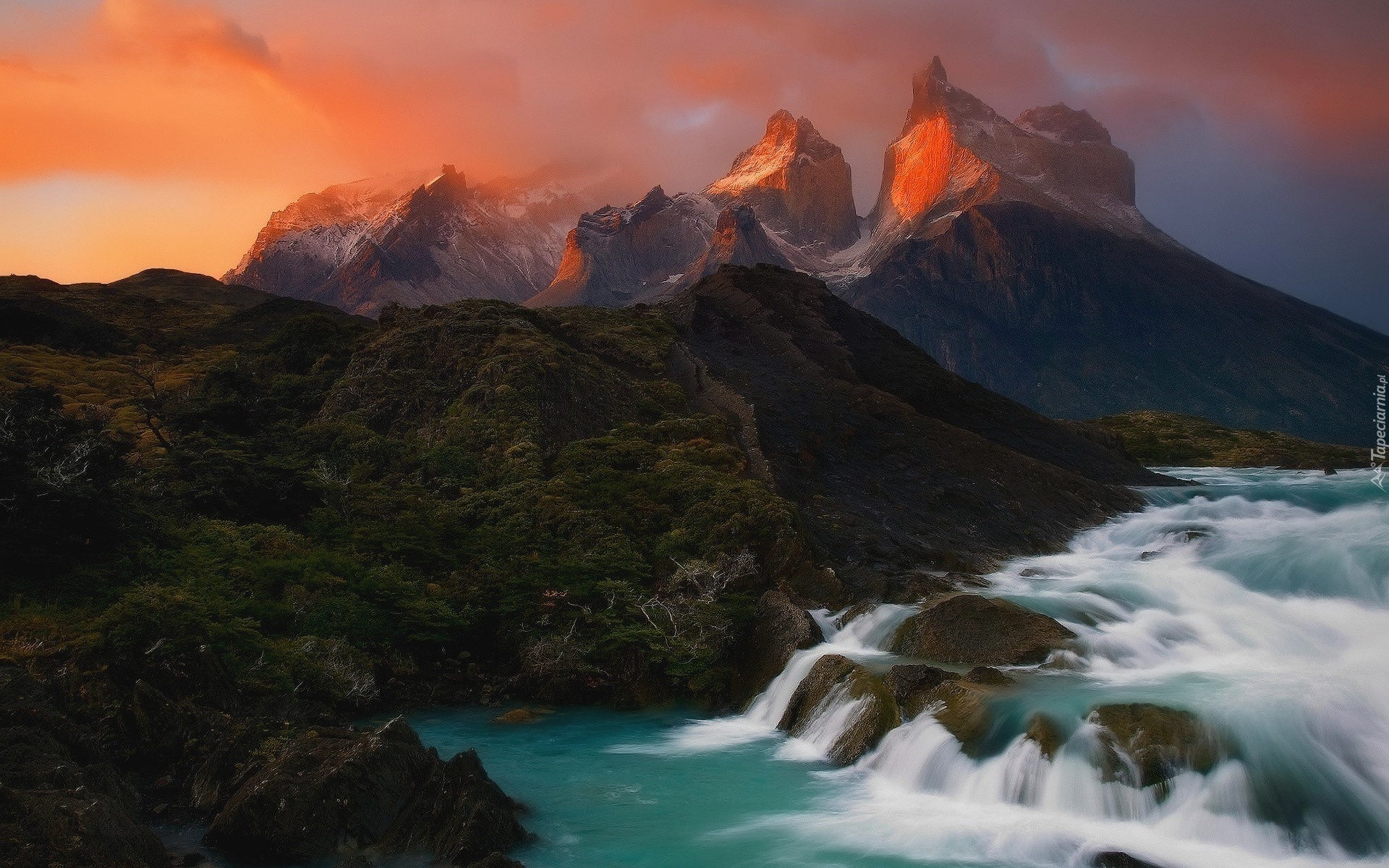 Chile, Andy, Góry, Zachód słońca, Wodospad, Rzeka, Park Narodowy Torres del Paine