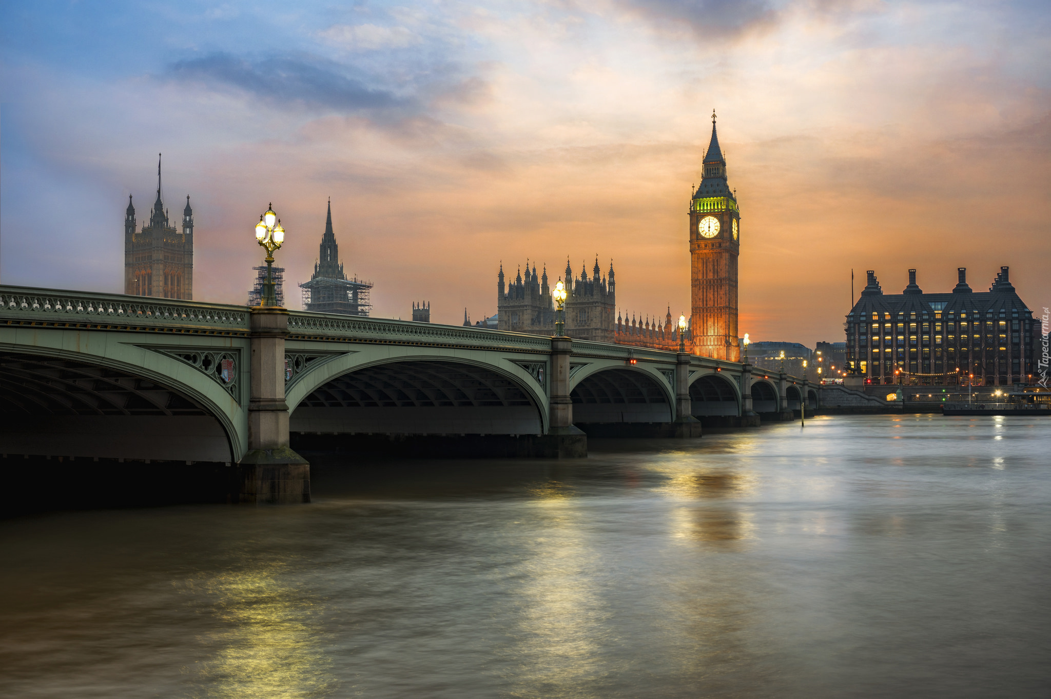 Anglia, Londyn, Rzeka Tamiza, Most Westminsterski, Big Ben, Zachód Słońca