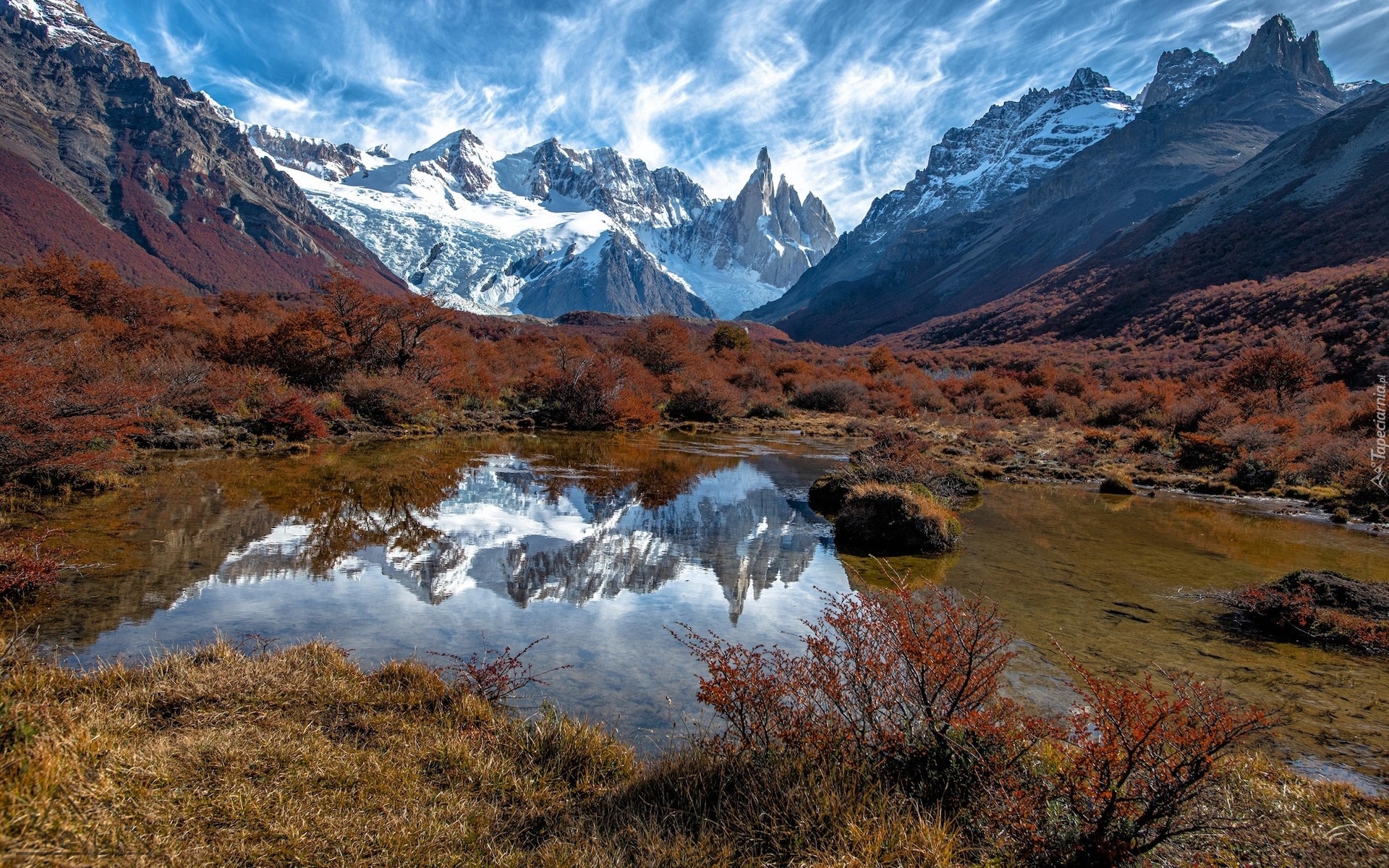 Góry, Andy, Fitz Roy, Jesień, Roślinność, Kałuża, Odbicie, Argentyna