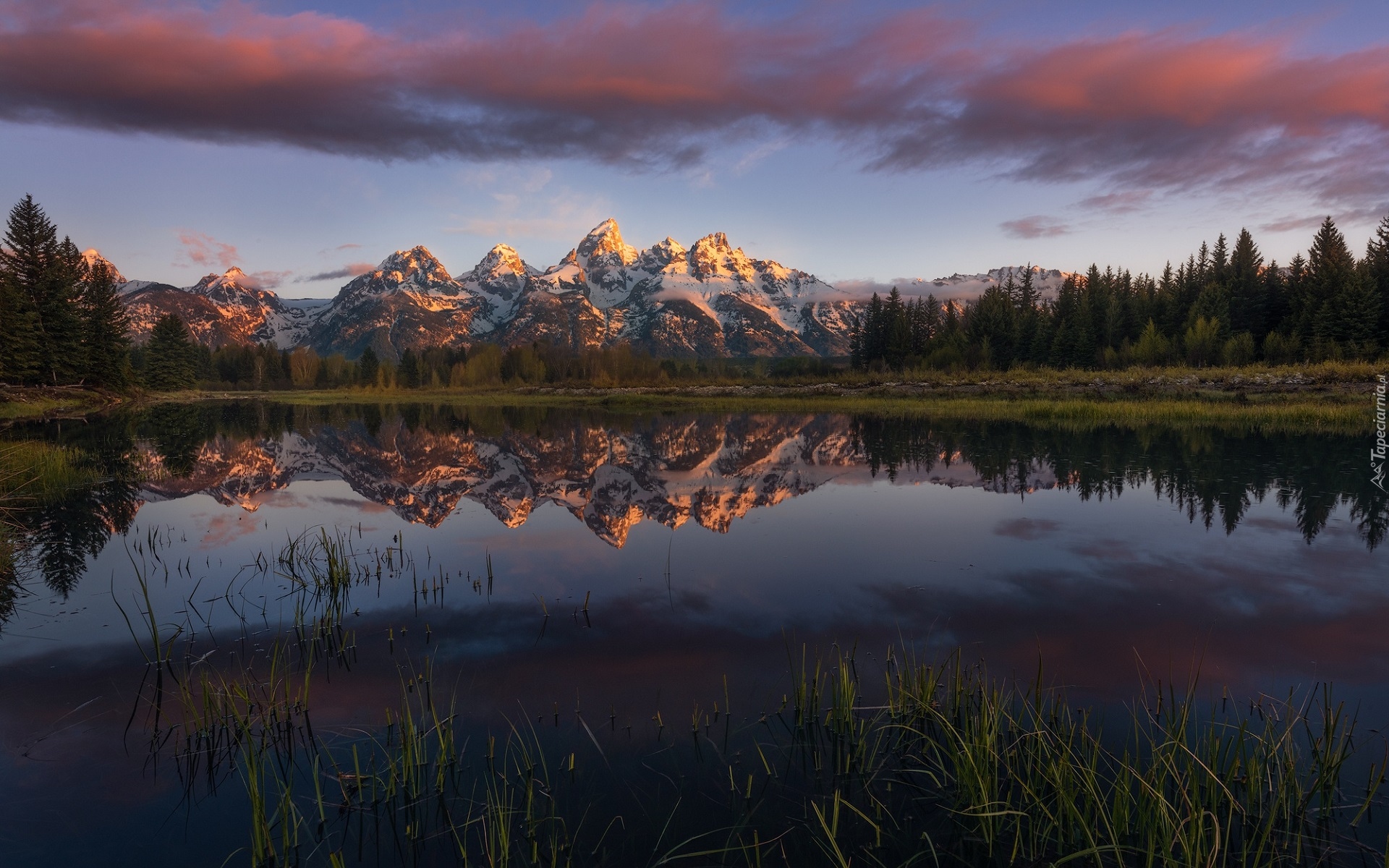 Stany Zjednoczone, Stan Wyoming, Park Narodowy Grand Teton, Ośnieżone, Góry Skaliste, Szczyt Grand Teton, Las, Drzewa, Jezioro, Odbicie