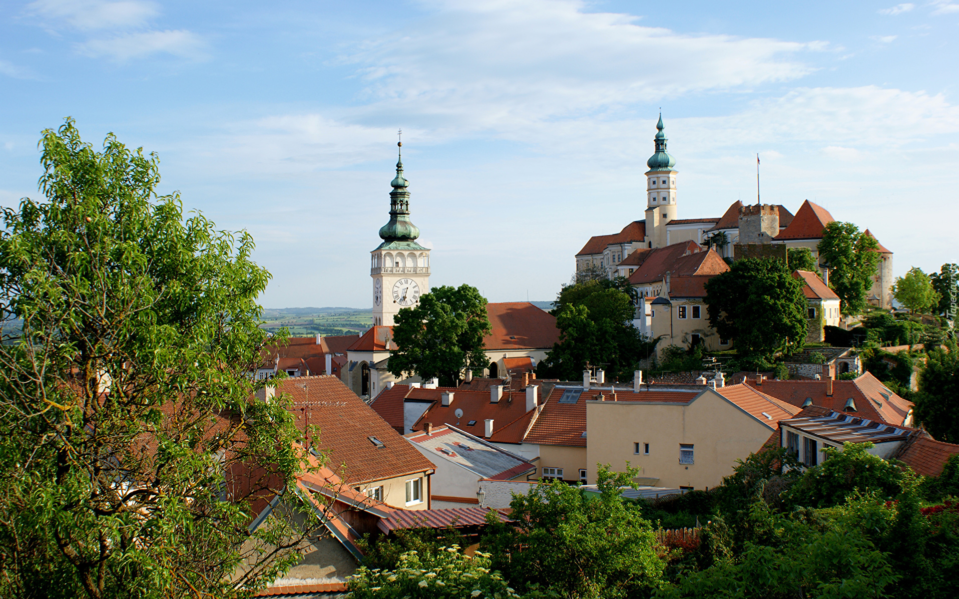 Czechy, Południowe Morawy, Mikulov, Pałac, Pałac w Mikulovie, Wieże, Domy, Drzewa