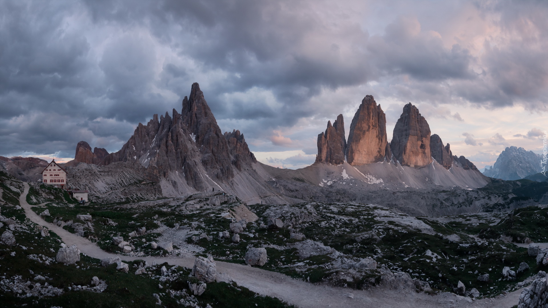 Włochy, Góry, Dolomity, Tre Cime di Lavaredo, Droga, Dom, Skały