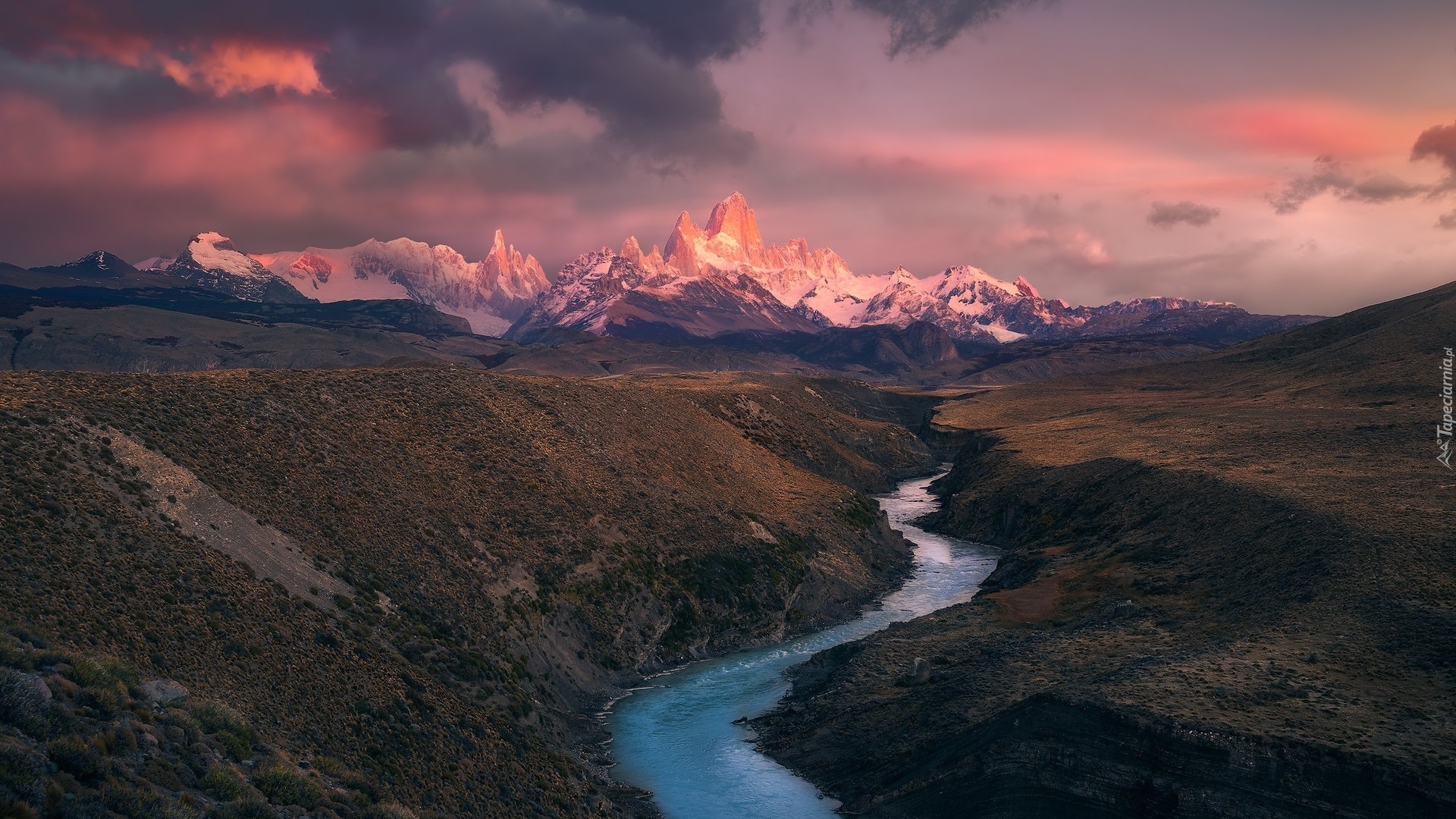 Wschód słońca, Góry, Chmury, Rzeka, Skarpa, Park Narodowy Los Glaciares, Argentyna