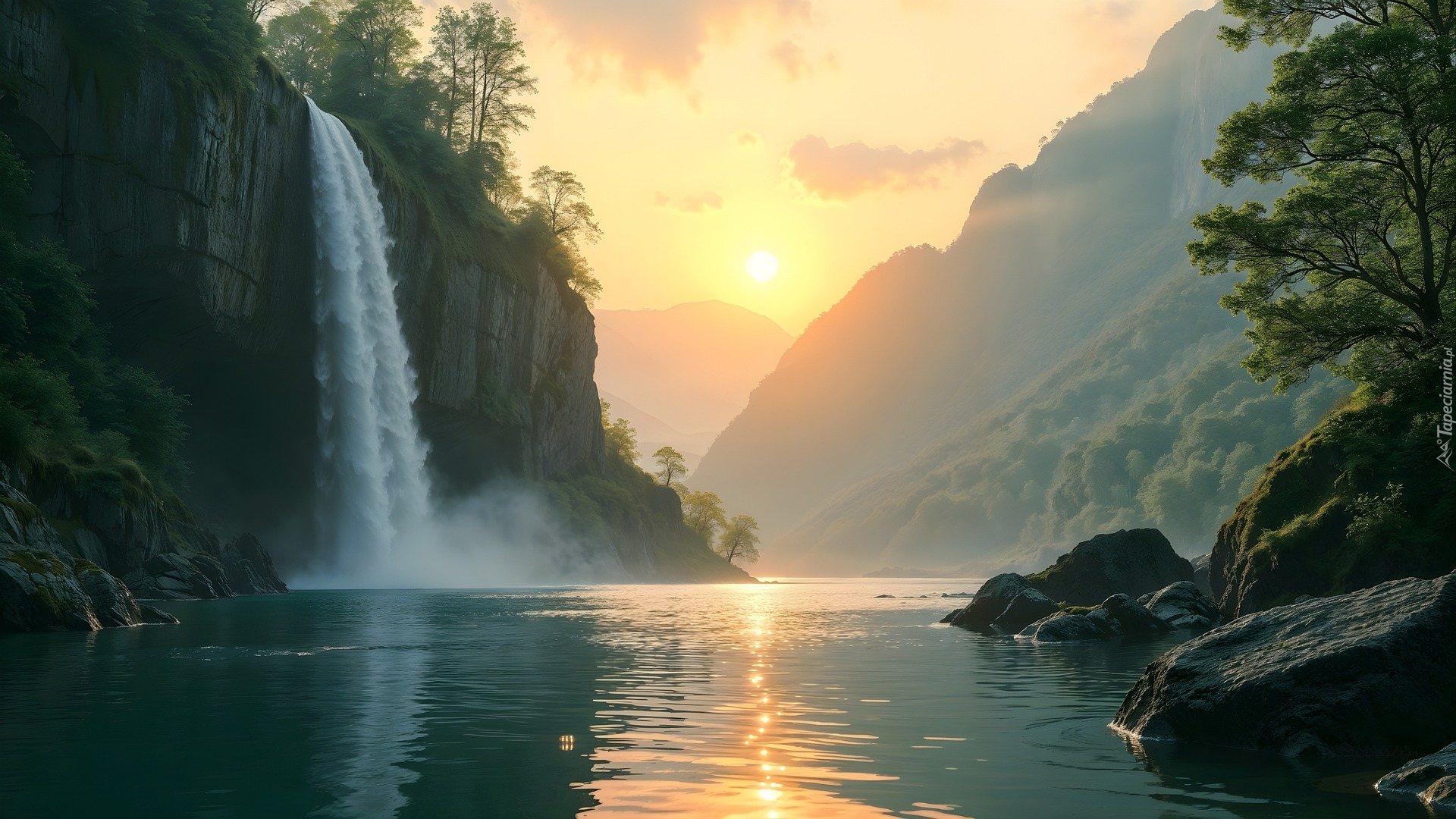 Wodospad, Skały, Drzewa, Rzeka, Góry, Zachód słońca