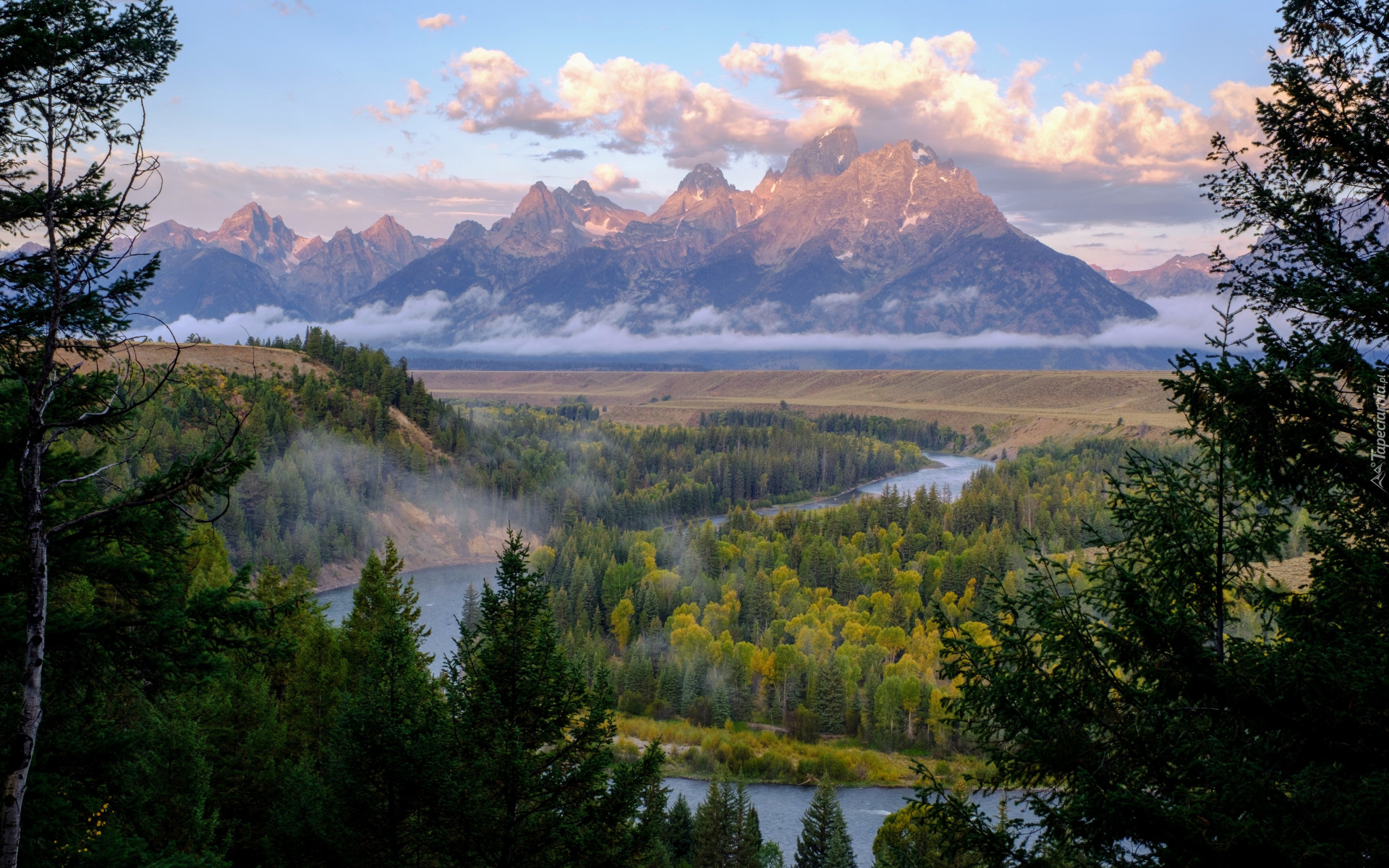 Park Narodowy Grand Teton, Góry, Teton Range, Las, Drzewa, Chmury, Rzeka, Snake River, Stan Wyoming, Stany Zjednoczone