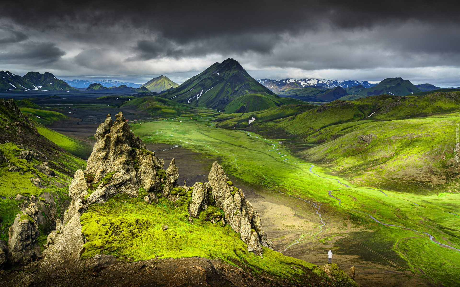 Islandia, Wzgórza, Skały, Góry, Dolina, Zielona, Chmury
