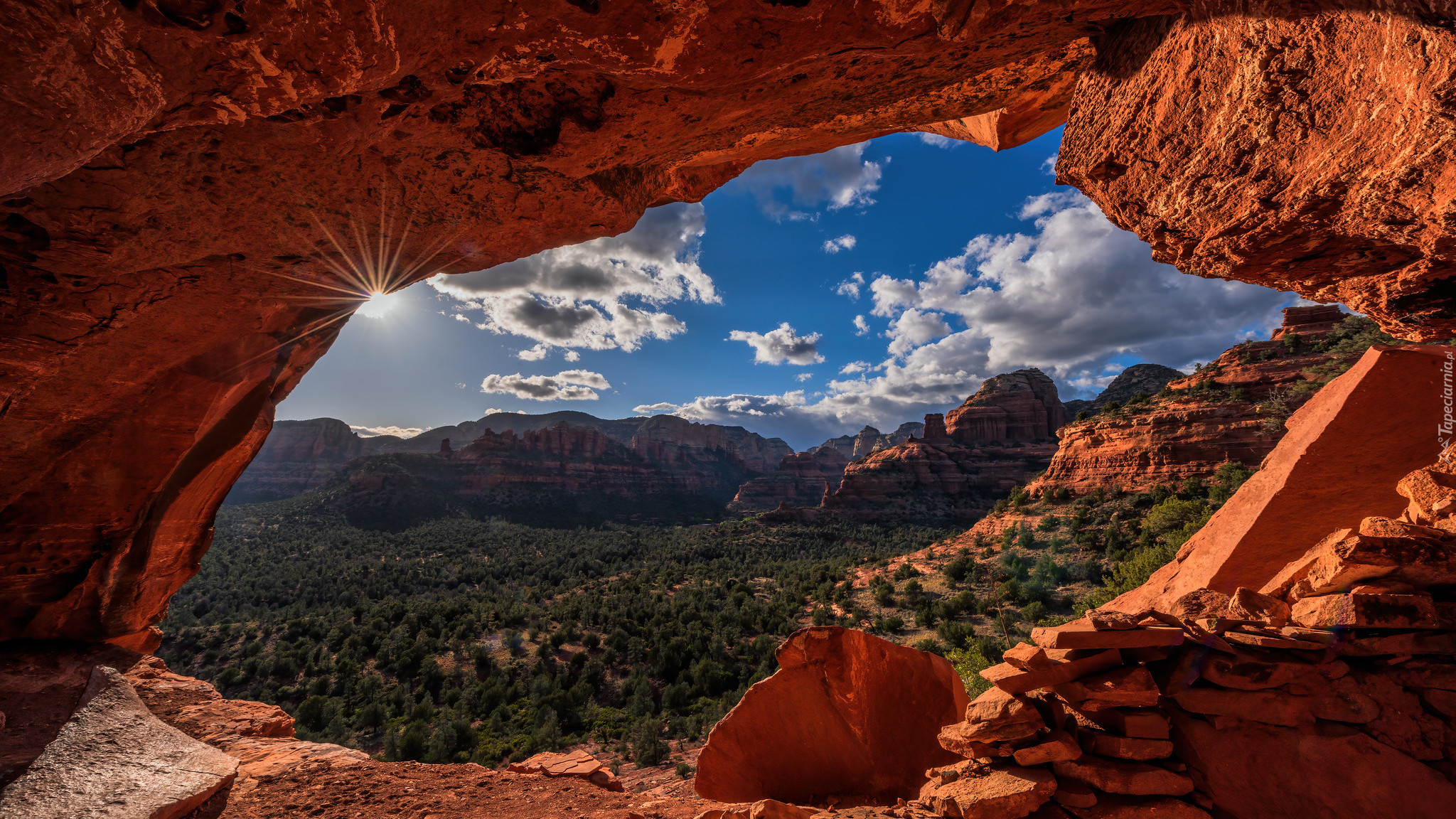 Jaskinia, Skały, Czerwone, Skały, Krzewy, Sedona, Arizona, Stany Zjednoczone