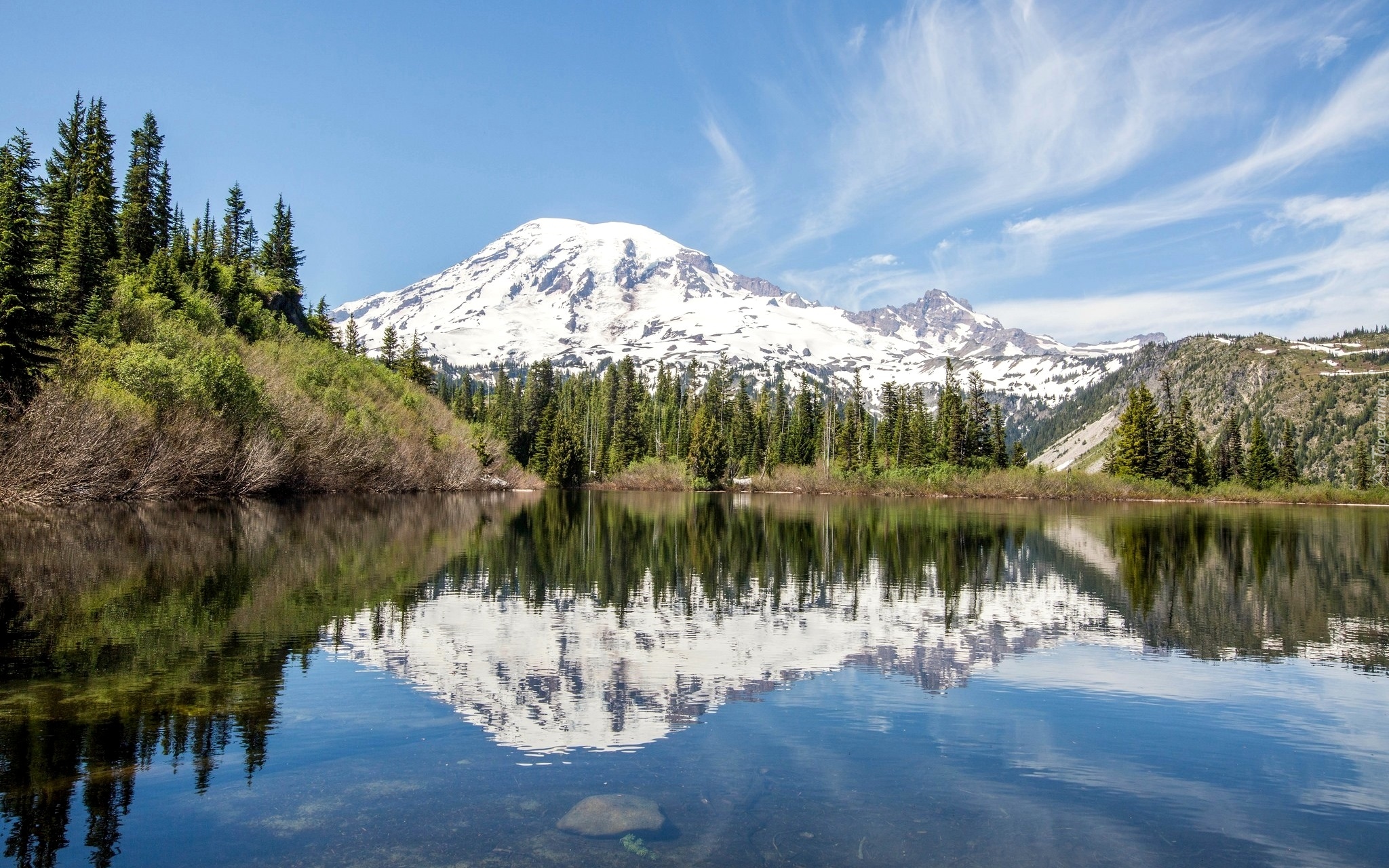 Stany Zjednoczone, Stan Waszyngton, Góry, Stratowulkan Mount Rainier, Drzewa, Jezioro Bench Lake, Odbicie